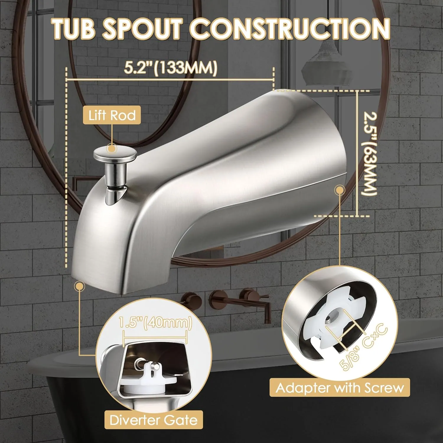 1 Pack Slip on Tub Spout with Diverter, Compatible with American Standard 8888026.002 Tub Spout, Bathroom Bathtub Faucet, Fits 1/2" Copper Water Tube(5/8" Dia), 5/32" Hex Wrench (Brushed Nickel)