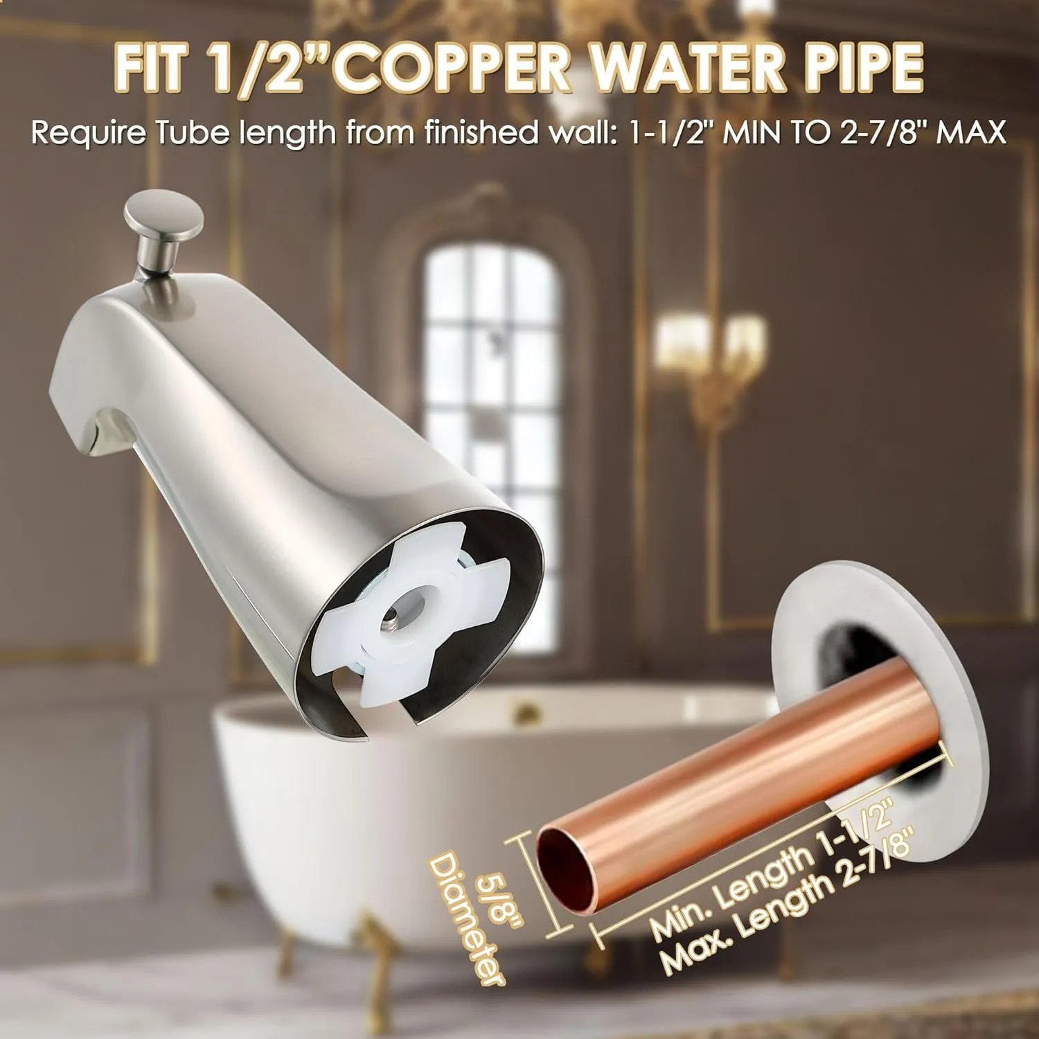 1 Pack Slip on Tub Spout with Diverter, Compatible with American Standard 8888026.002 Tub Spout, Bathroom Bathtub Faucet, Fits 1/2" Copper Water Tube(5/8" Dia), 5/32" Hex Wrench (Brushed Nickel)