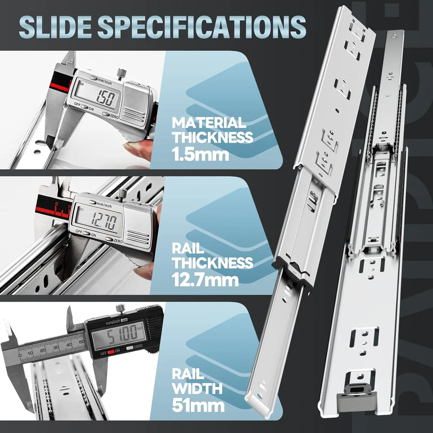 1 Pair Heavy Duty Drawer Slides 12 14 16 18 20 22 24 26 28 30 32 34 36 38 40 Inch 150 lb Load Capacity Side Mount Full Extension Ball Bearing Rail Runner（Without Lock,28 inch）