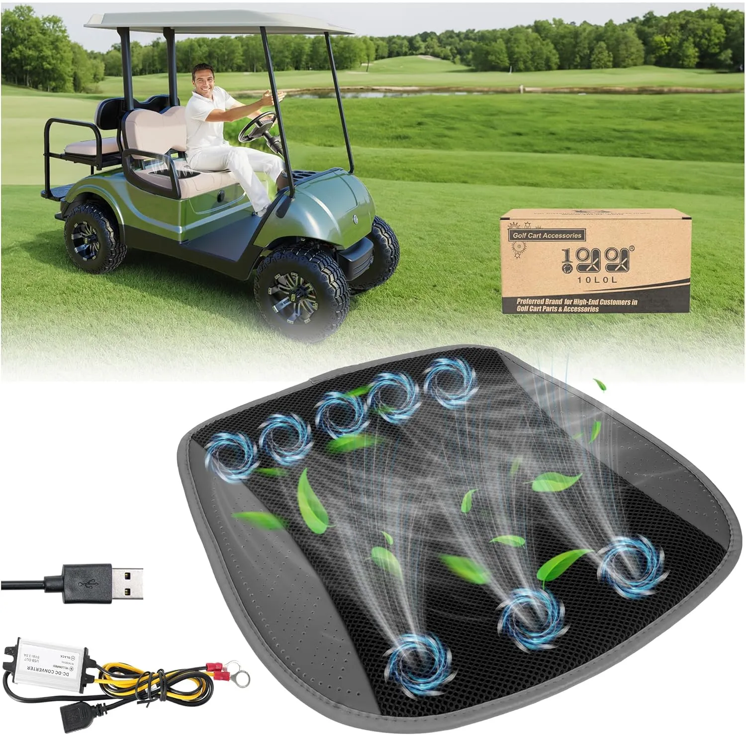 10L0L Golf Cart Cooling Seat Cushion with 8 Fans - Universal for Yamaha EZGO Club Car, 3-Speed Ventilated Seat Pad, USB-Powered with Ice Silk Fabric & Turbo Airflow Design