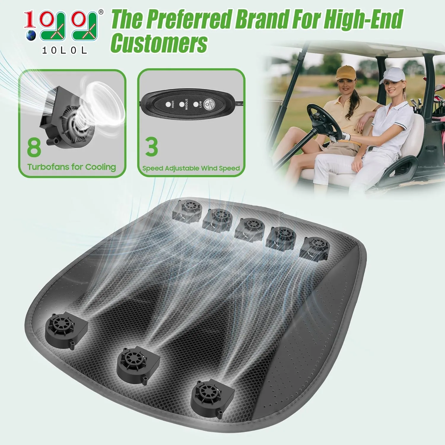 10L0L Golf Cart Cooling Seat Cushion with 8 Fans - Universal for Yamaha EZGO Club Car, 3-Speed Ventilated Seat Pad, USB-Powered with Ice Silk Fabric & Turbo Airflow Design