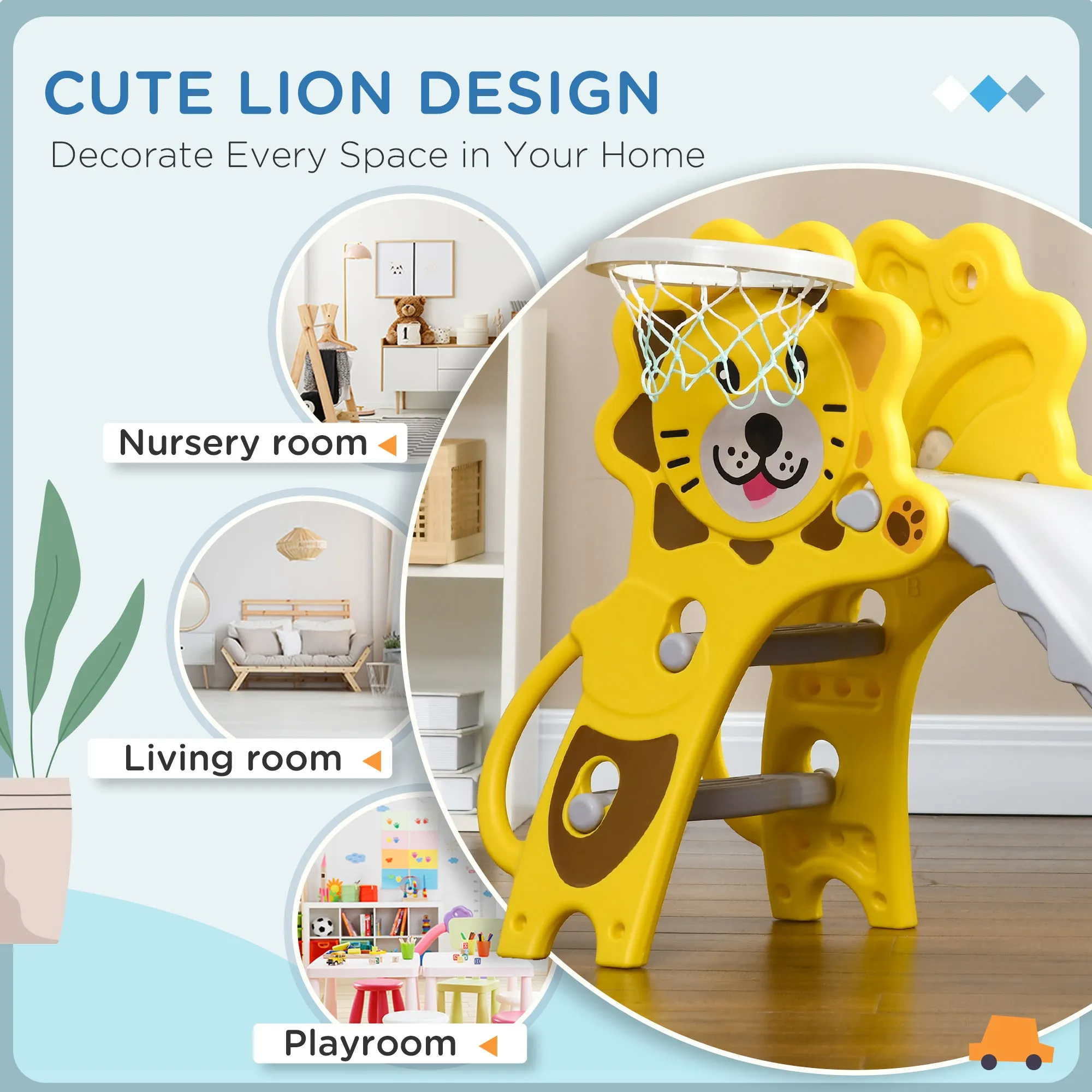2-in-1 Toddler Slide and Basketball Hoop Playset for Kids 18-36 Months Indoor Activity Yellow
