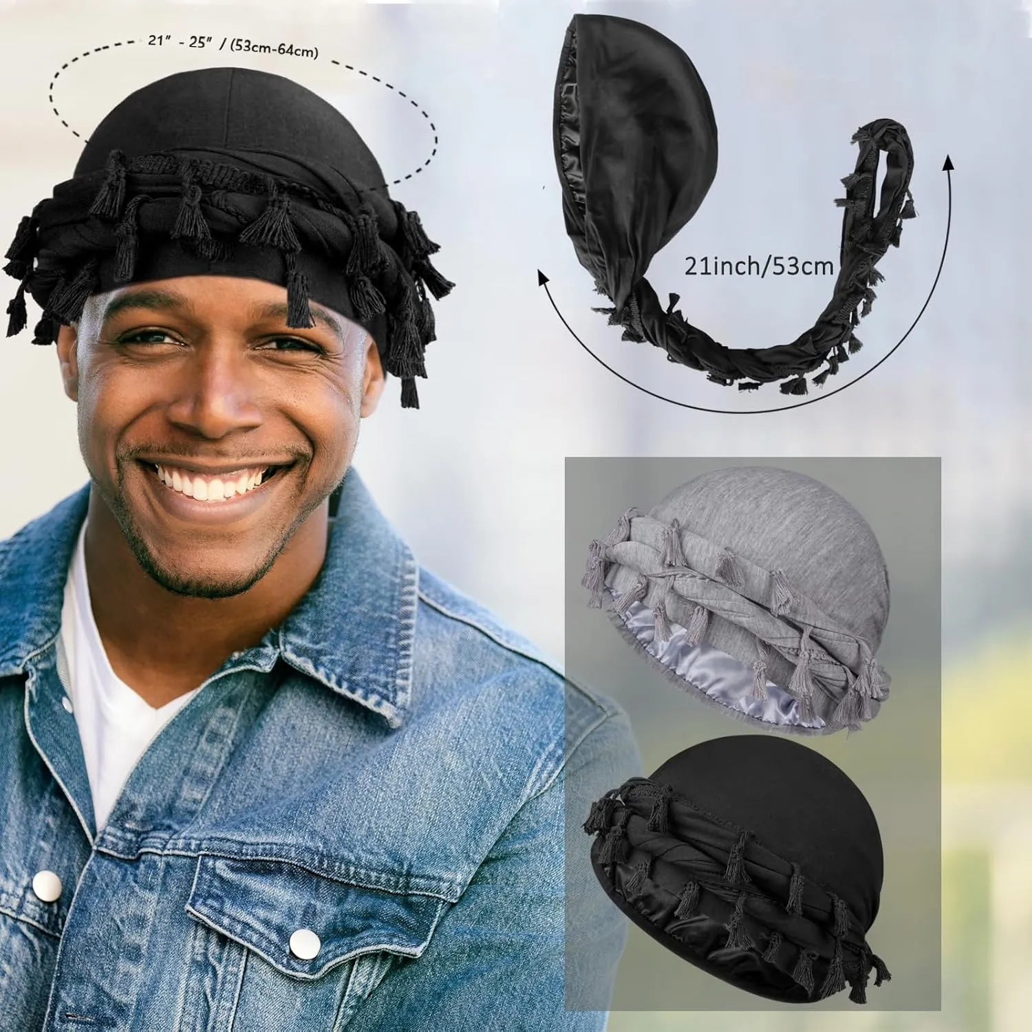 2 Pcs Satin Lined Turban With Long Twist Straps, Silky Head Wraps for Men, Halo Head Scarf for Hair