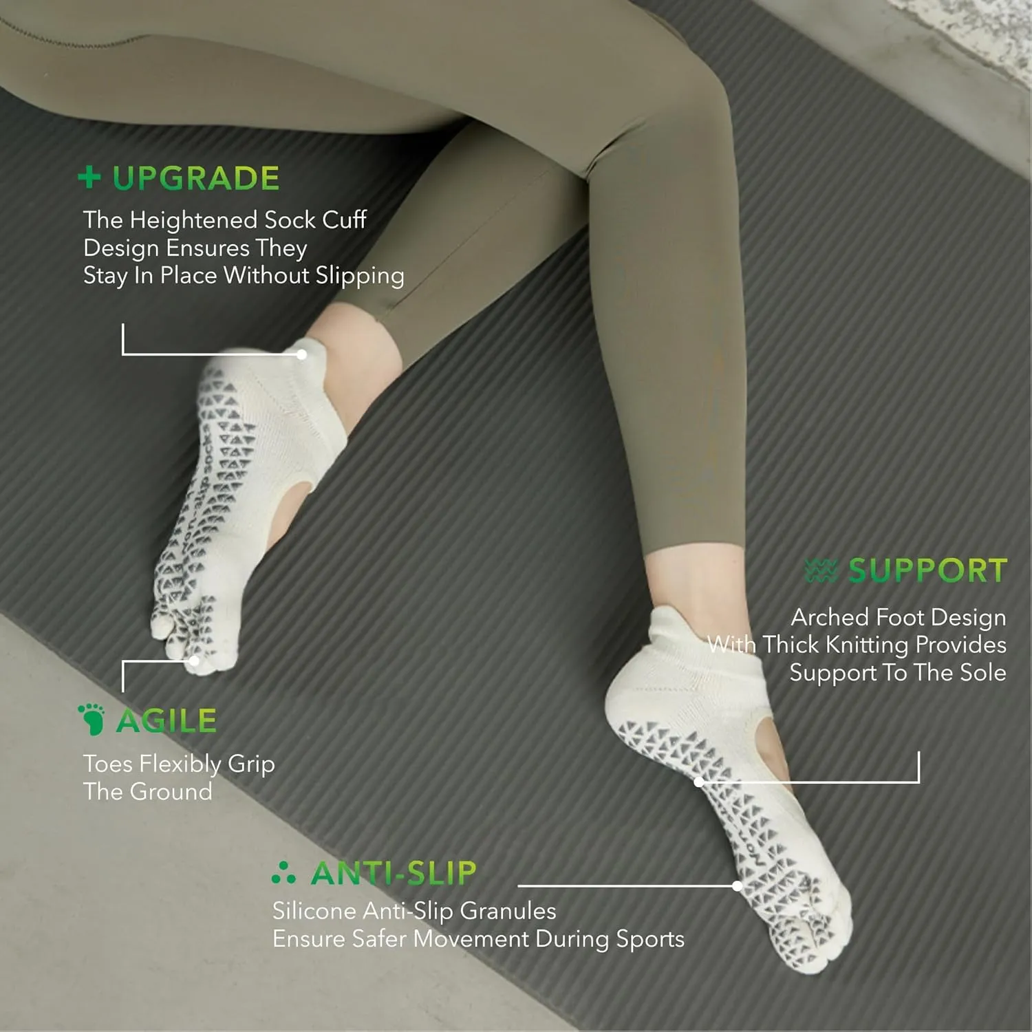 3 Pairs Non-Slip Five-Toe Yoga Socks for Women - Grip Socks for Pilates,Dance,Fitness,Home Workouts, One Size (US 4.5-9)