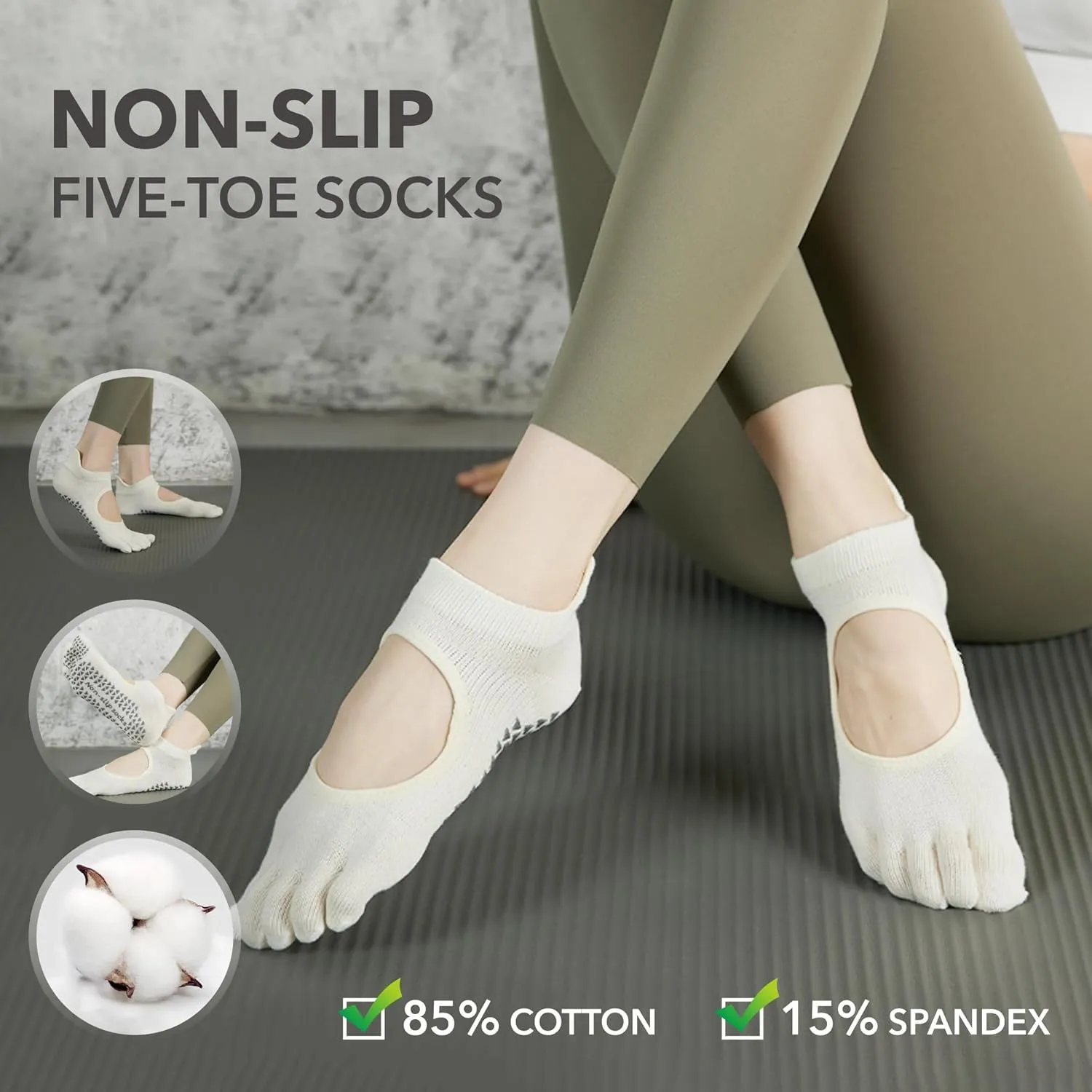 3 Pairs Non-Slip Five-Toe Yoga Socks for Women - Grip Socks for Pilates,Dance,Fitness,Home Workouts, One Size (US 4.5-9)