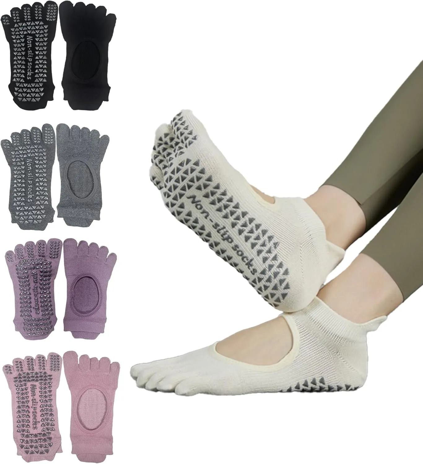 3 Pairs Non-Slip Five-Toe Yoga Socks for Women - Grip Socks for Pilates,Dance,Fitness,Home Workouts, One Size (US 4.5-9)