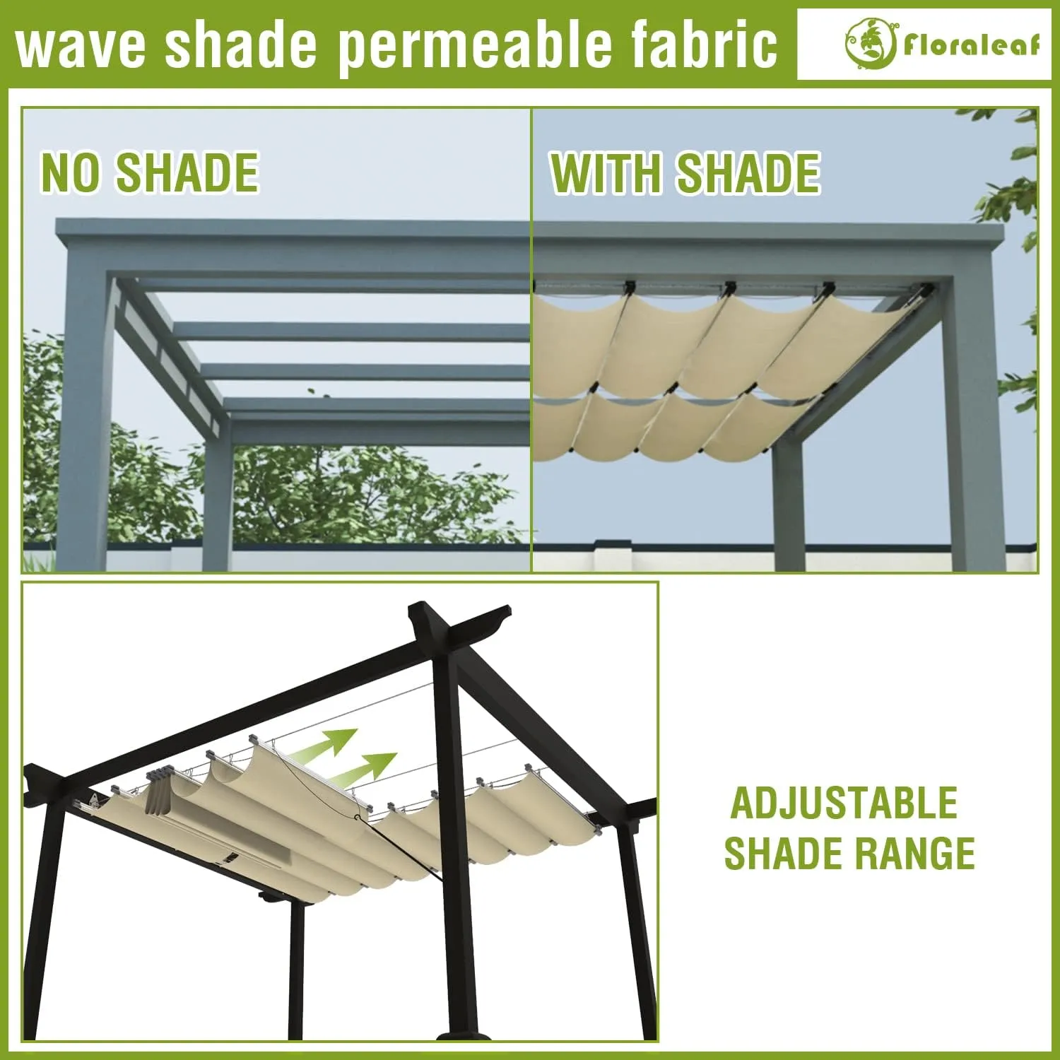 3'×12' Pergola Shade Cover Retractable Pergola Replacement Canopy Slide Shade Sail with Cable Hardware for Outdoor Patio Porch Garage Deck Backyard Awning