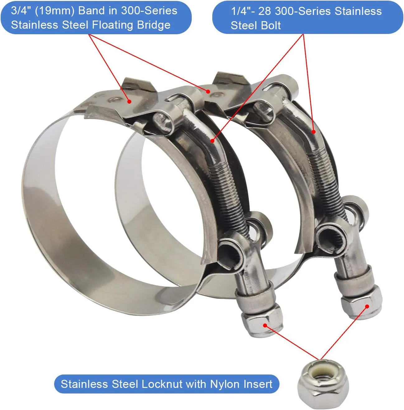 3" T-Bolt Hose O.D. Clamp - Working Range 2.81" - 3.11" Clamp for 3 inch Hose OD, Stainless Steel Bolt, Stainless Steel Band Floating Bridge and Nylon Insert Locknut (71mm - 79mm, 2 pack)