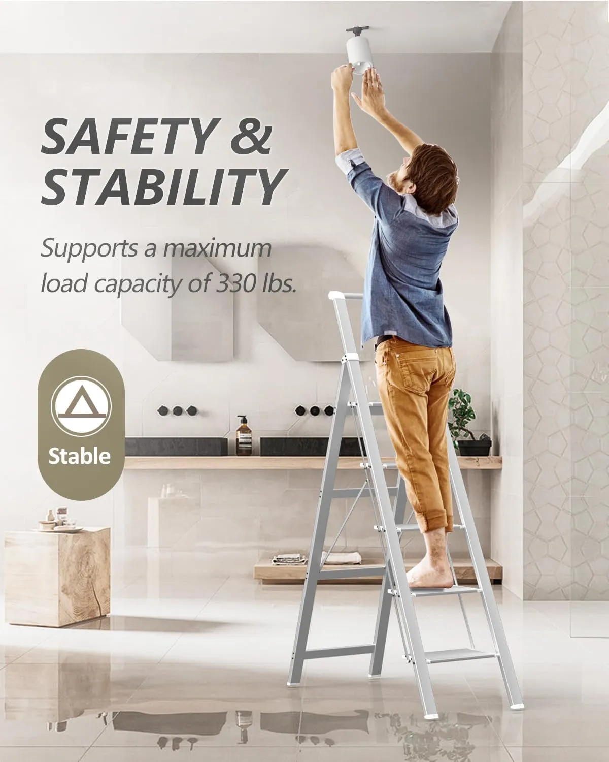 5 Step Ladder, Folding Step Stool, White Foldable Ladder for 10 Foot High Ceiling with Anti-Slip Wide Sturdy Pedal and Handgrip, Multi-Use for Home (300 lbs Capacity)