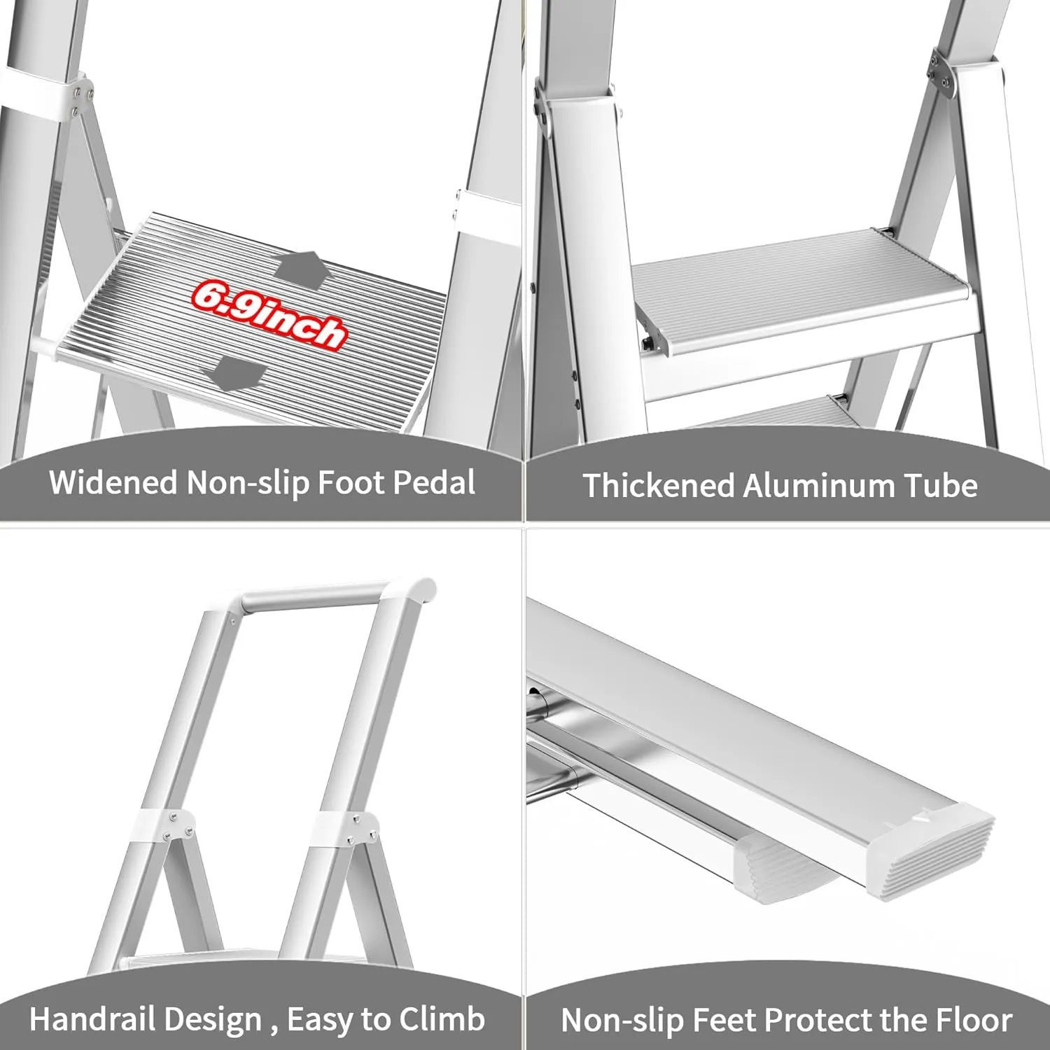 5 Step Ladder, Folding Step Stool, White Foldable Ladder for 10 Foot High Ceiling with Anti-Slip Wide Sturdy Pedal and Handgrip, Multi-Use for Home (300 lbs Capacity)