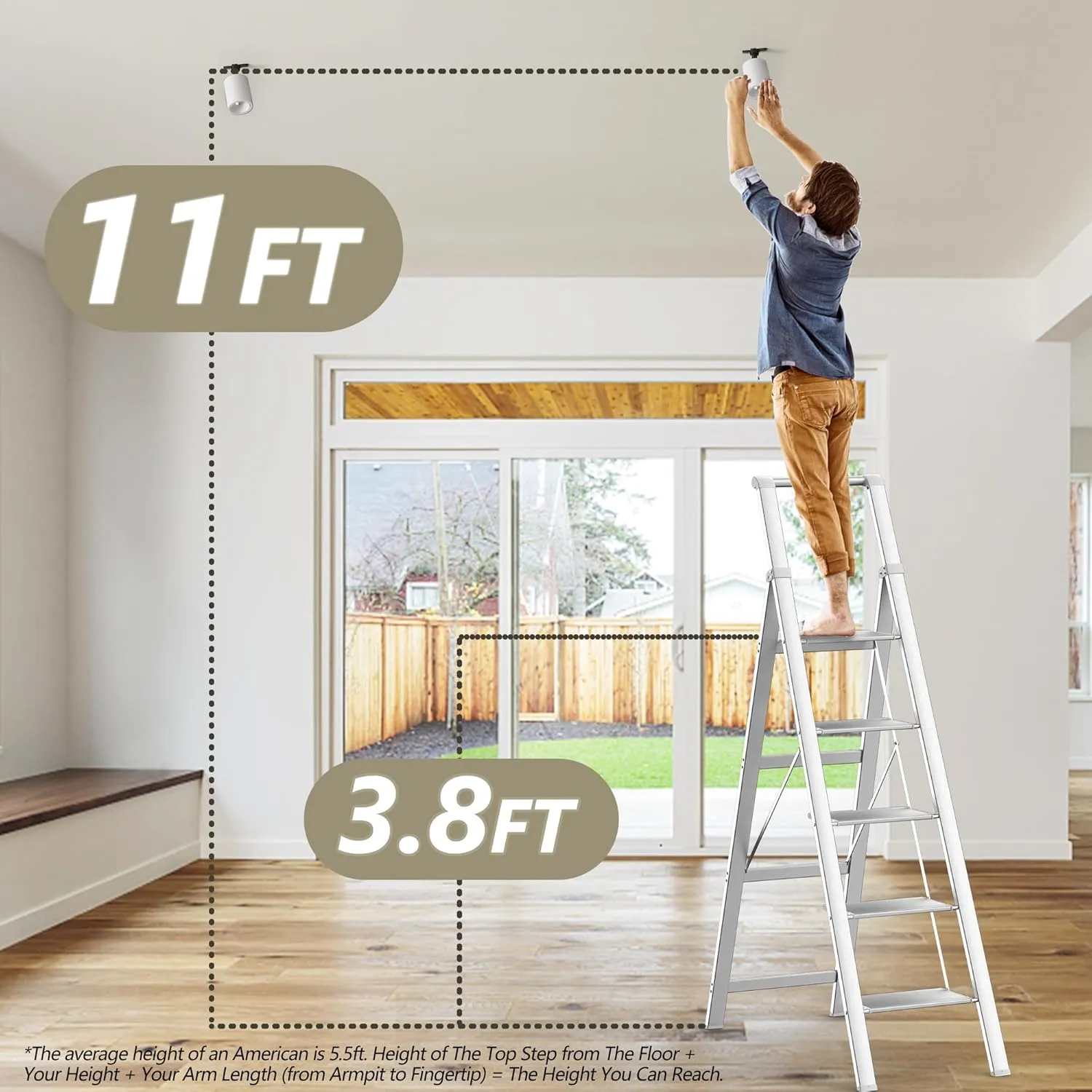 5 Step Ladder, Folding Step Stool, White Foldable Ladder for 10 Foot High Ceiling with Anti-Slip Wide Sturdy Pedal and Handgrip, Multi-Use for Home (300 lbs Capacity)