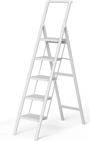 5 Step Ladder, Folding Step Stool, White Foldable Ladder for 10 Foot High Ceiling with Anti-Slip Wide Sturdy Pedal and Handgrip, Multi-Use for Home (300 lbs Capacity)