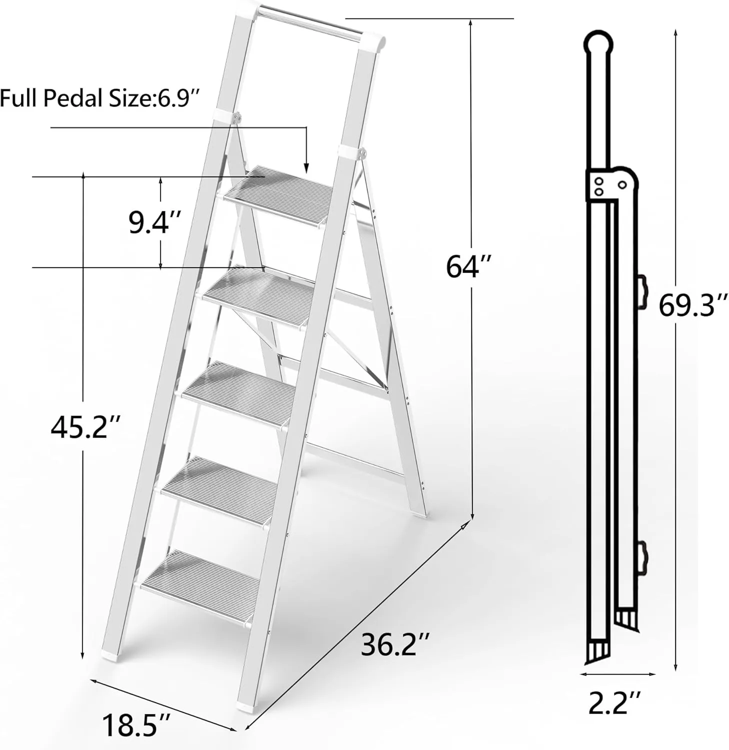 5 Step Ladder, Folding Step Stool, White Foldable Ladder for 10 Foot High Ceiling with Anti-Slip Wide Sturdy Pedal and Handgrip, Multi-Use for Home (300 lbs Capacity)