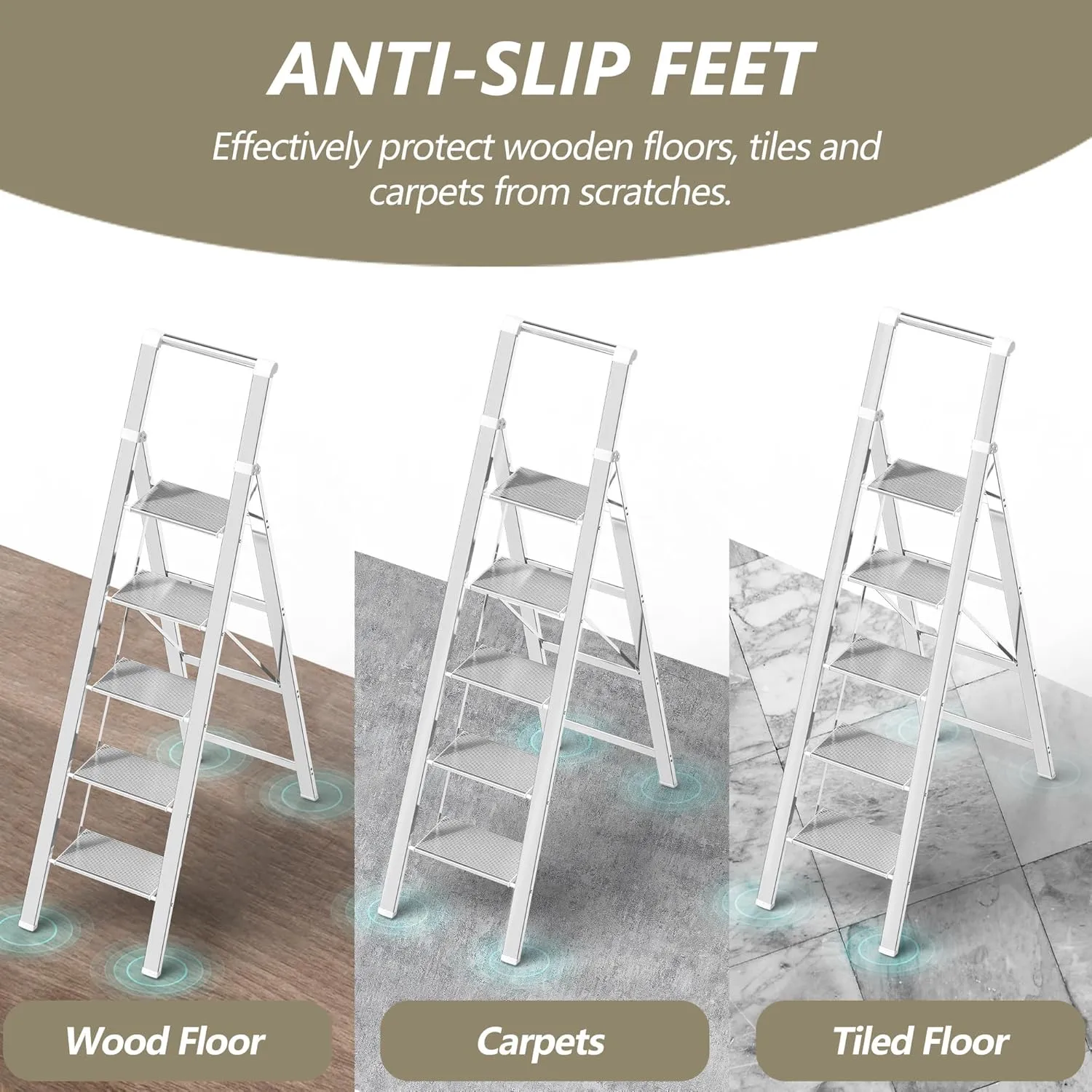 5 Step Ladder, Folding Step Stool, White Foldable Ladder for 10 Foot High Ceiling with Anti-Slip Wide Sturdy Pedal and Handgrip, Multi-Use for Home (300 lbs Capacity)