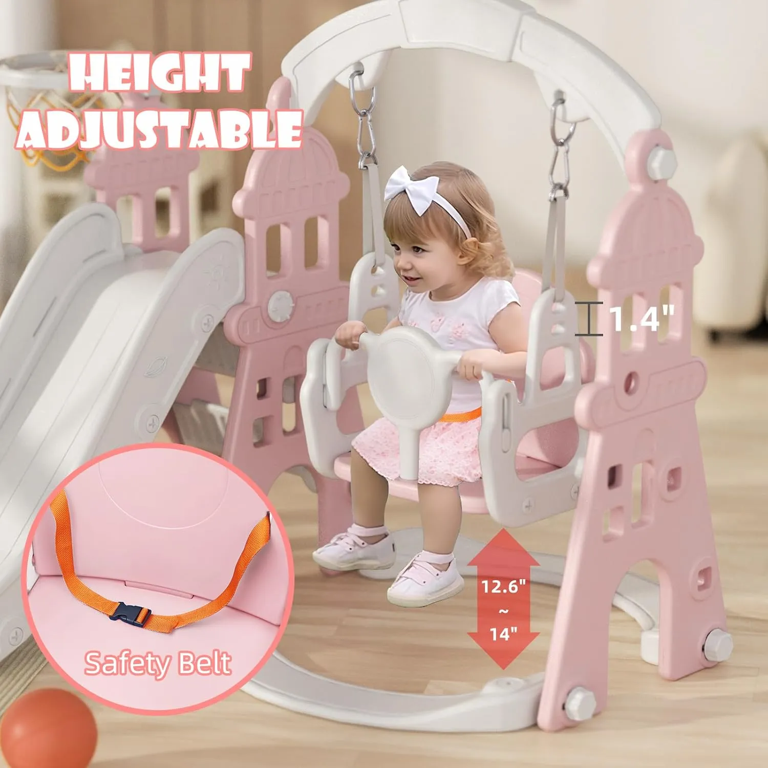 67i Toddler Swing and Slide Set with Safety Belt, 3-Step Climber - Indoor/Outdoor Playground for Kids 1-3 Years (Pink)