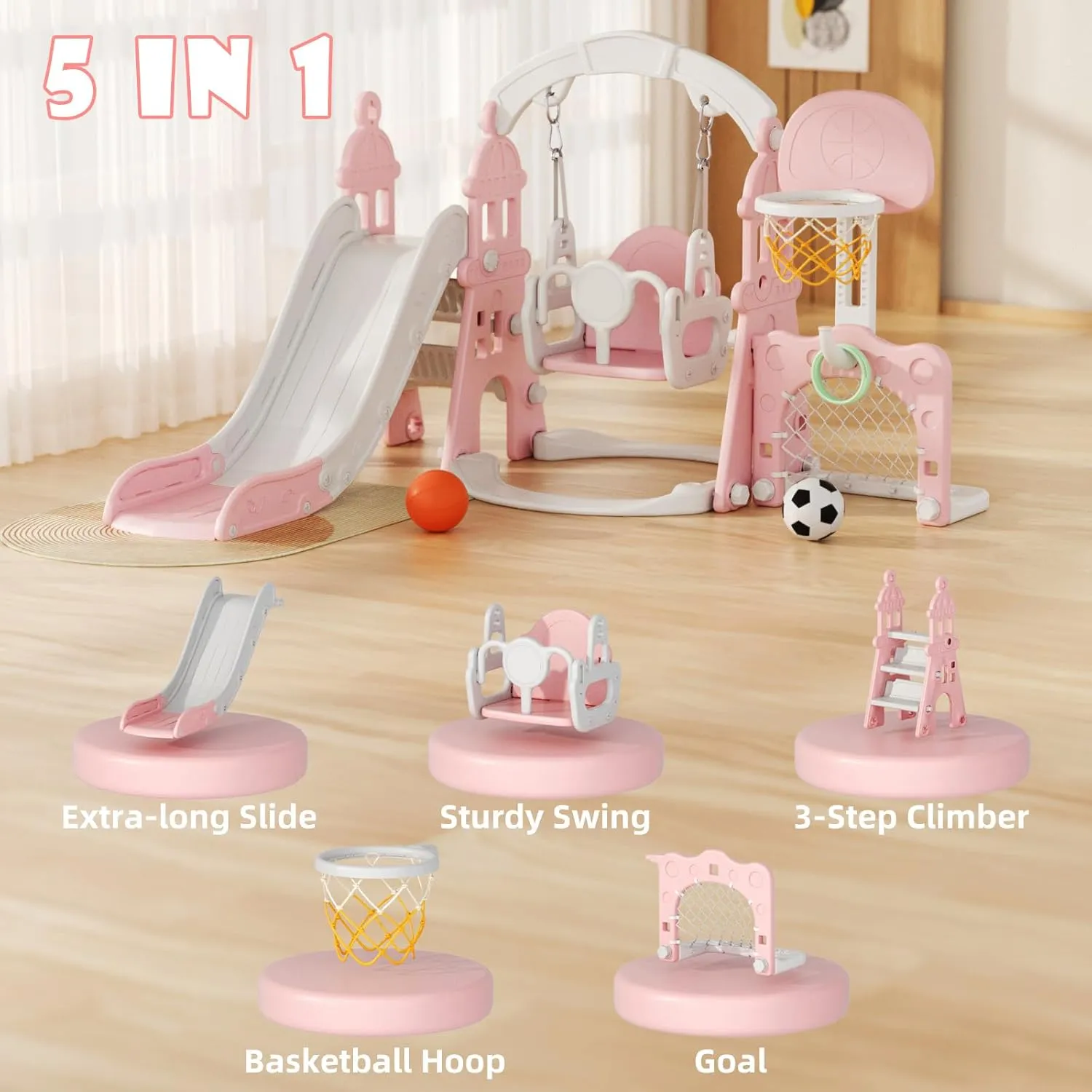67i Toddler Swing and Slide Set with Safety Belt, 3-Step Climber - Indoor/Outdoor Playground for Kids 1-3 Years (Pink)