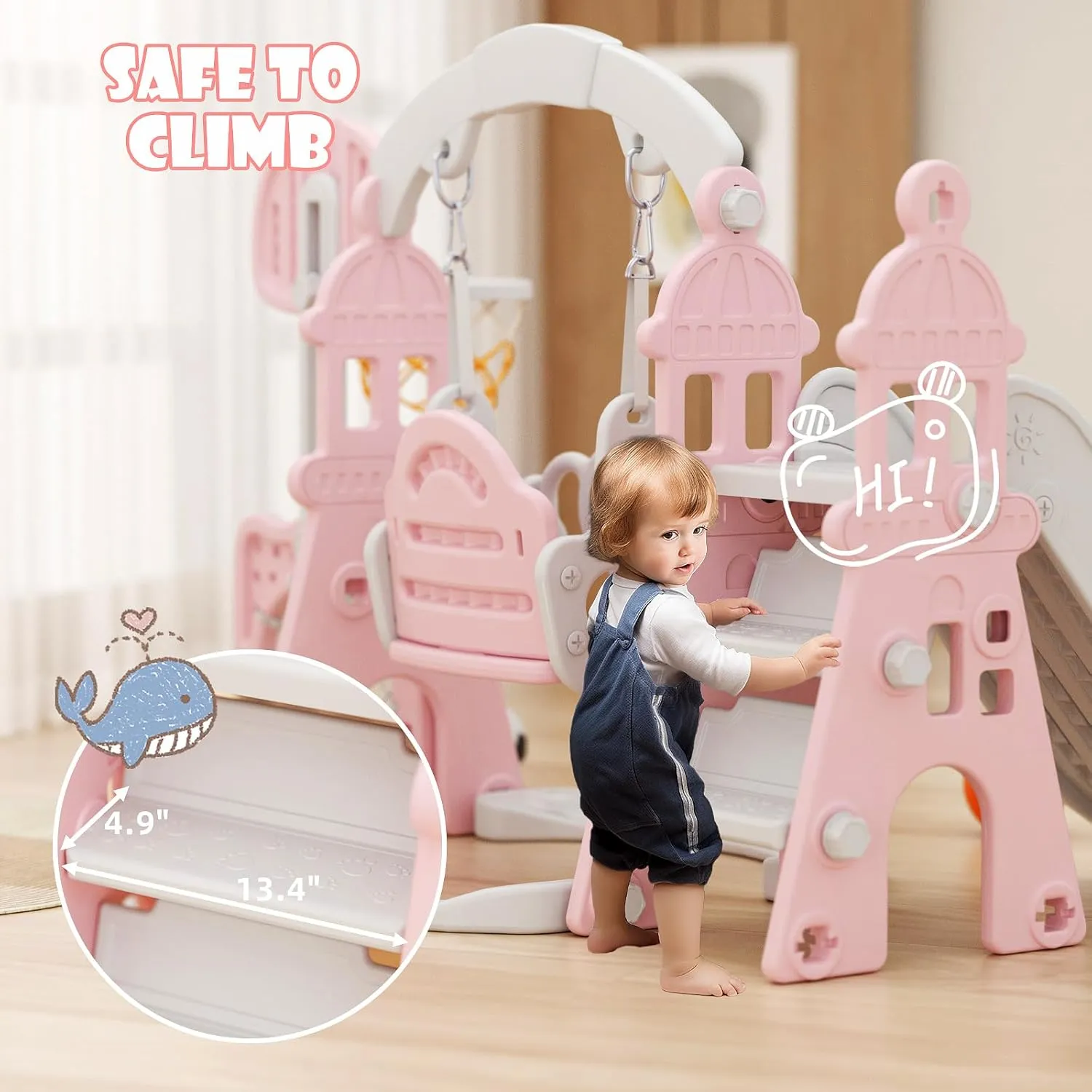 67i Toddler Swing and Slide Set with Safety Belt, 3-Step Climber - Indoor/Outdoor Playground for Kids 1-3 Years (Pink)