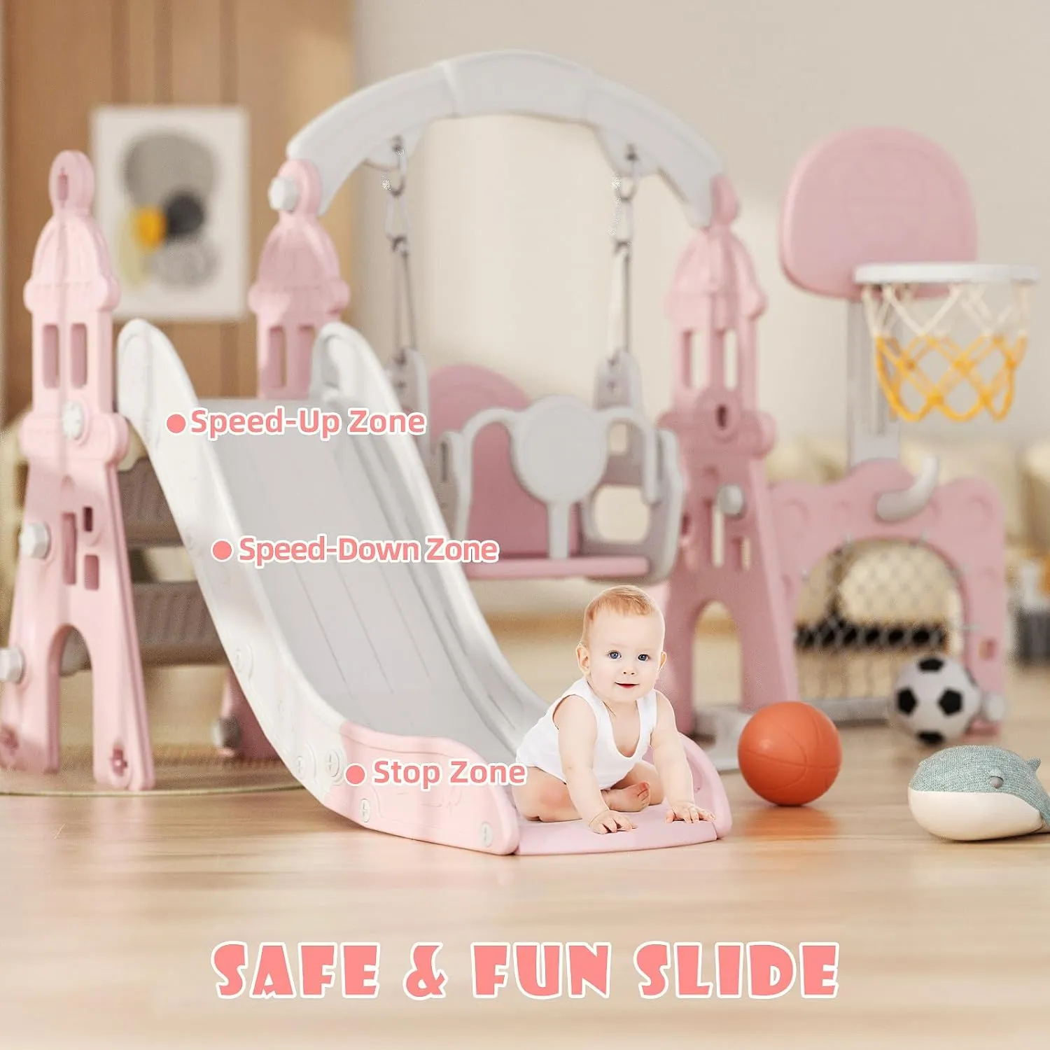 67i Toddler Swing and Slide Set with Safety Belt, 3-Step Climber - Indoor/Outdoor Playground for Kids 1-3 Years (Pink)