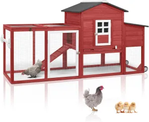 79" L Chicken Coop with Run, Mobile Chicken Hen House with Nesting Boxes, Wheels, Outdoor Indoor Rabbit Hutch, Poultry Cage for Chickens Ducks Bunny with Removable Tray, Ramp (Red)