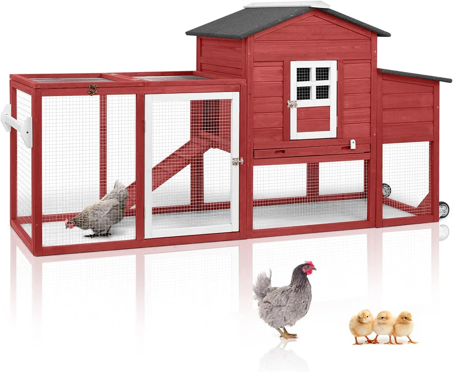 79" L Chicken Coop with Run, Mobile Chicken Hen House with Nesting Boxes, Wheels, Outdoor Indoor Rabbit Hutch, Poultry Cage for Chickens Ducks Bunny with Removable Tray, Ramp (Red)