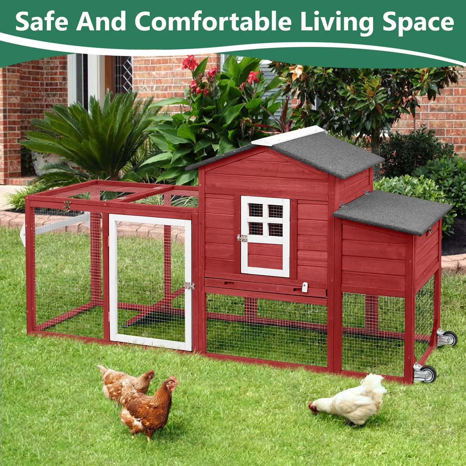 79" L Chicken Coop with Run, Mobile Chicken Hen House with Nesting Boxes, Wheels, Outdoor Indoor Rabbit Hutch, Poultry Cage for Chickens Ducks Bunny with Removable Tray, Ramp (Red)