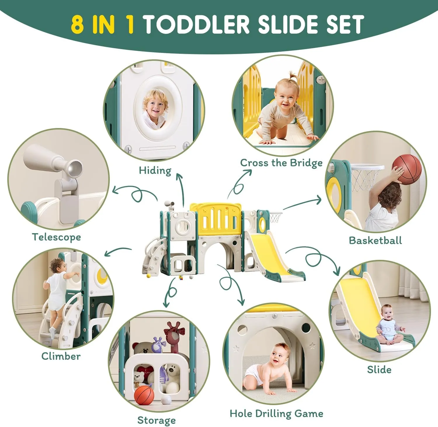 8 in 1 Toddler Slide Set, Kids Slide for Toddlers, Toddler Climber Slide PlaySet with Basketball Hoop,Outdoor Indoor Playground for Toddlers Upgraded
