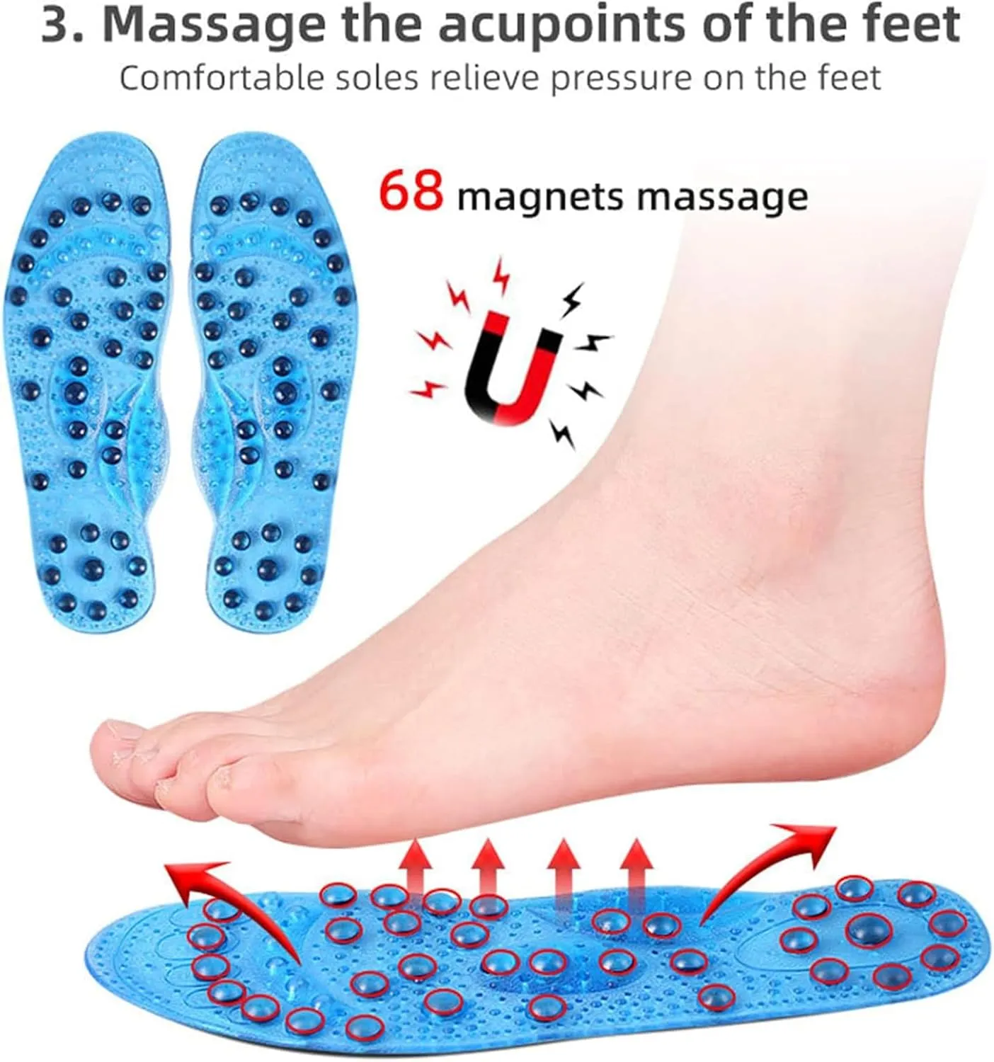 Acupressure Magnetic Insoles, Magnetic Therapy Insoles, Breathable Massage Insoles, Relieve Pain, Pressure Point Reflexology Insole, Orthotic Gel Shoe Insert for Men&Women,L(41-45),Black