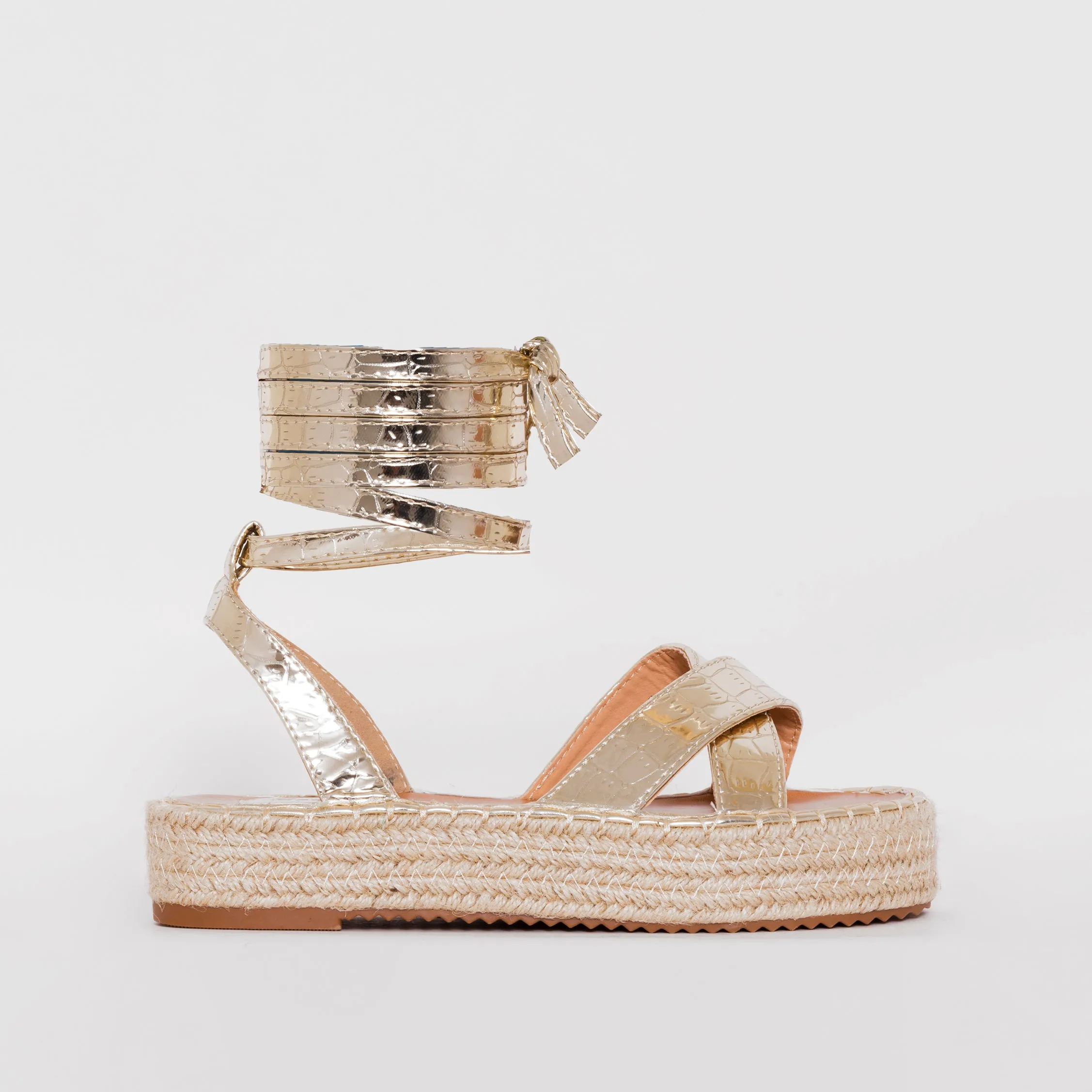 Adira Light Gold Faux Croc Print Lace Up Espadrille Flatforms