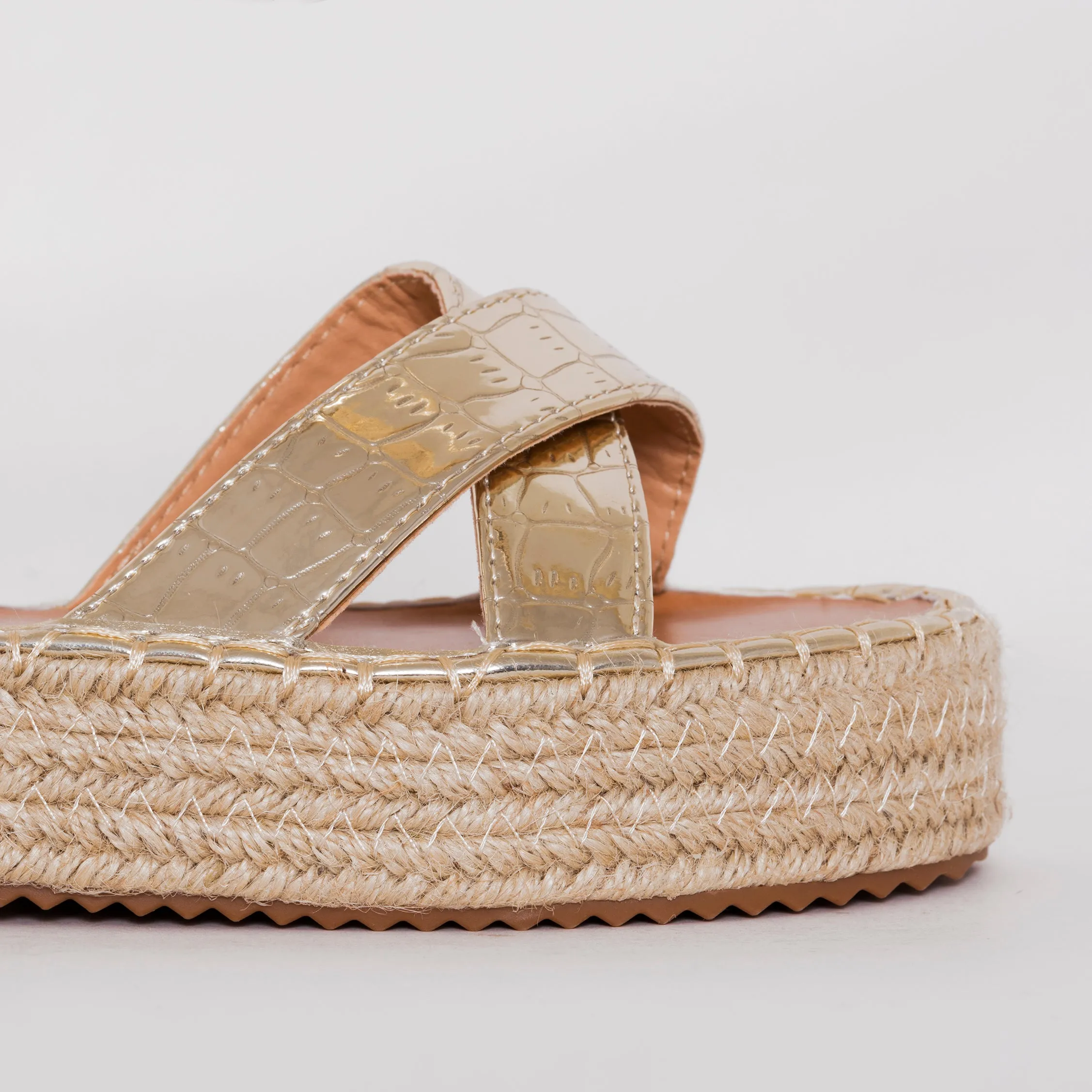 Adira Light Gold Faux Croc Print Lace Up Espadrille Flatforms