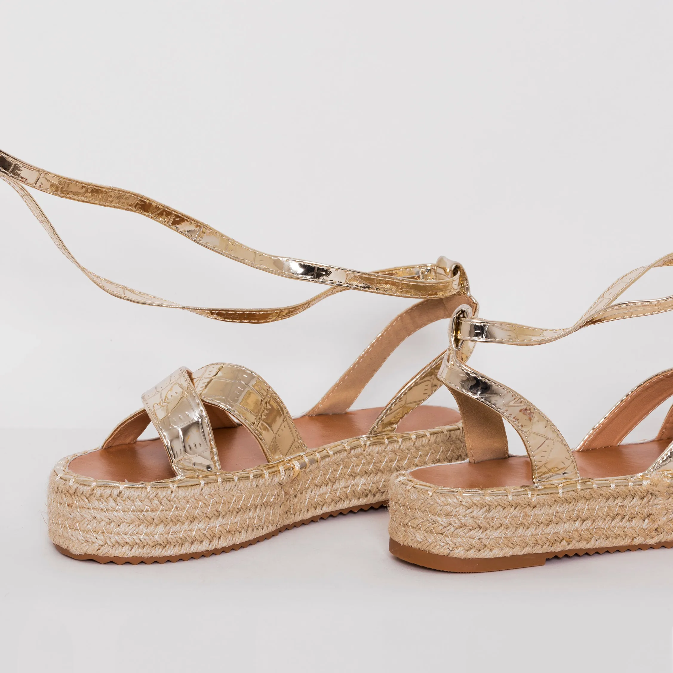 Adira Light Gold Faux Croc Print Lace Up Espadrille Flatforms