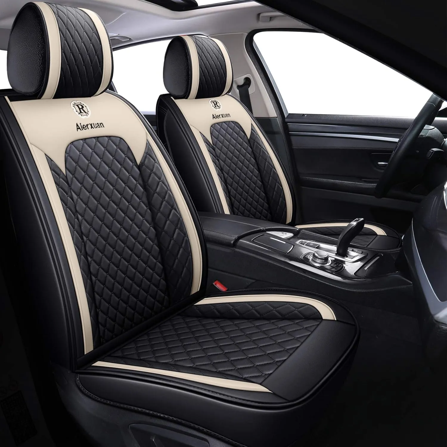 Aierxuan Front Seat Covers for Cars Leather Waterproof Universal Fit for Kia Soul Sorento Optima Sporage Mazda Toyota Chr Prius Venza Fj Cruiser Jeep Wrangler(2 PCS Front, Black-Beige)