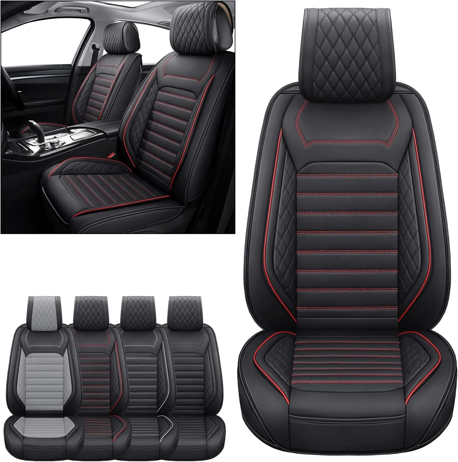Aierxuan Front Seat Covers Universal Fit for Nissan Rogue Murano Maxima Pathfinder Kia Soul Forte Sorento Optima Honda Hyundai Buick Mazda Volvo Leather Protector(2PCS Front/Black-Red A)