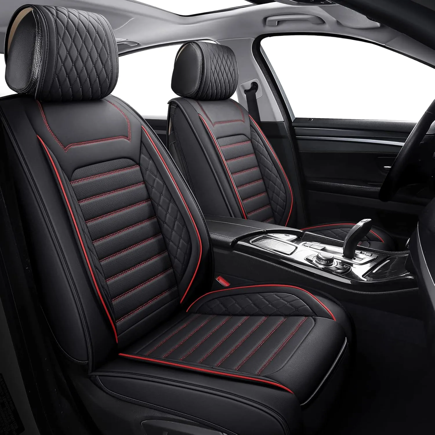 Aierxuan Front Seat Covers Universal Fit for Nissan Rogue Murano Maxima Pathfinder Kia Soul Forte Sorento Optima Honda Hyundai Buick Mazda Volvo Leather Protector(2PCS Front/Black-Red A)