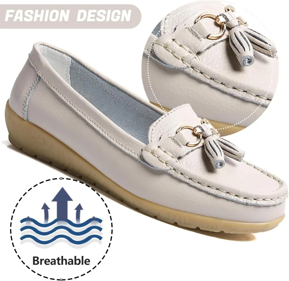 AIFLM Womens Leather Loafer Moccasin Slip on Driving Nurse Walking Working Shoes Non Slip Casual Shoes Light Antiskid Flat Soled Bowknot