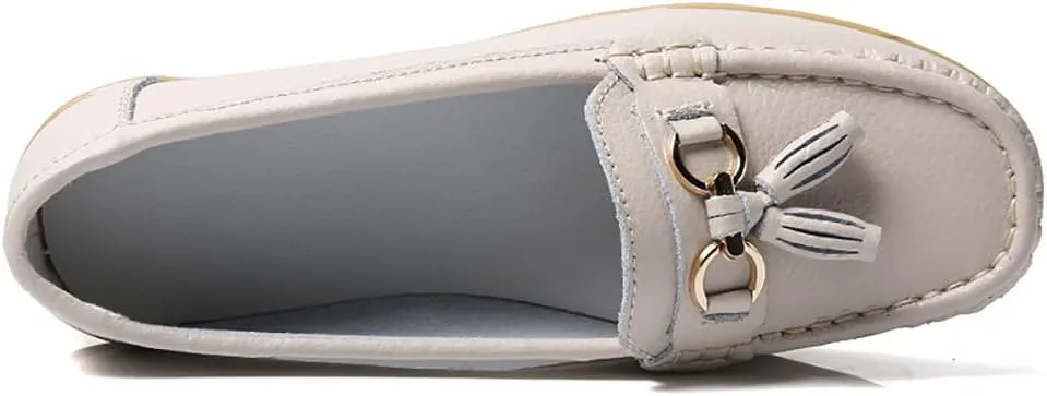 AIFLM Womens Leather Loafer Moccasin Slip on Driving Nurse Walking Working Shoes Non Slip Casual Shoes Light Antiskid Flat Soled Bowknot