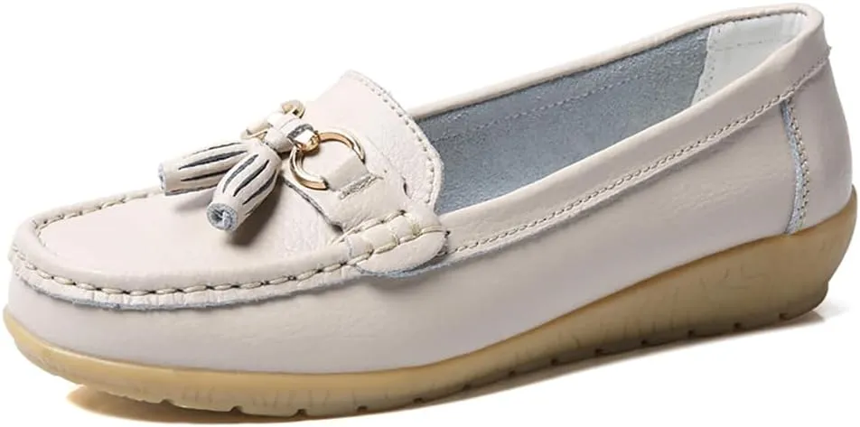 AIFLM Womens Leather Loafer Moccasin Slip on Driving Nurse Walking Working Shoes Non Slip Casual Shoes Light Antiskid Flat Soled Bowknot