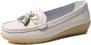 AIFLM Womens Leather Loafer Moccasin Slip on Driving Nurse Walking Working Shoes Non Slip Casual Shoes Light Antiskid Flat Soled Bowknot