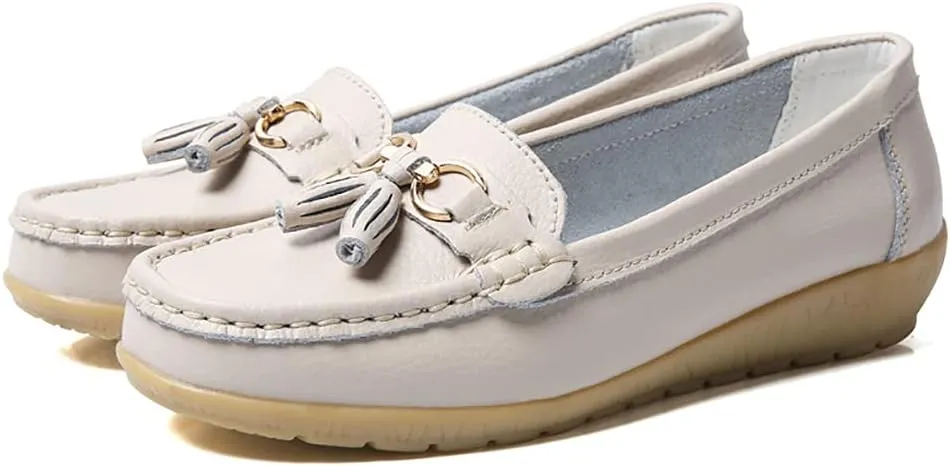 AIFLM Womens Leather Loafer Moccasin Slip on Driving Nurse Walking Working Shoes Non Slip Casual Shoes Light Antiskid Flat Soled Bowknot