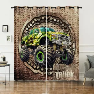 AILONEN Cartoon Monster Trucks Window Curtain for Kids,Teens,Off-Road Camo Racing Truck Print Curtain Tiers,Extreme Sports Window Treatment Drapes for Bedroom Living Room Decor, 52"W x 84"H 2 Panels