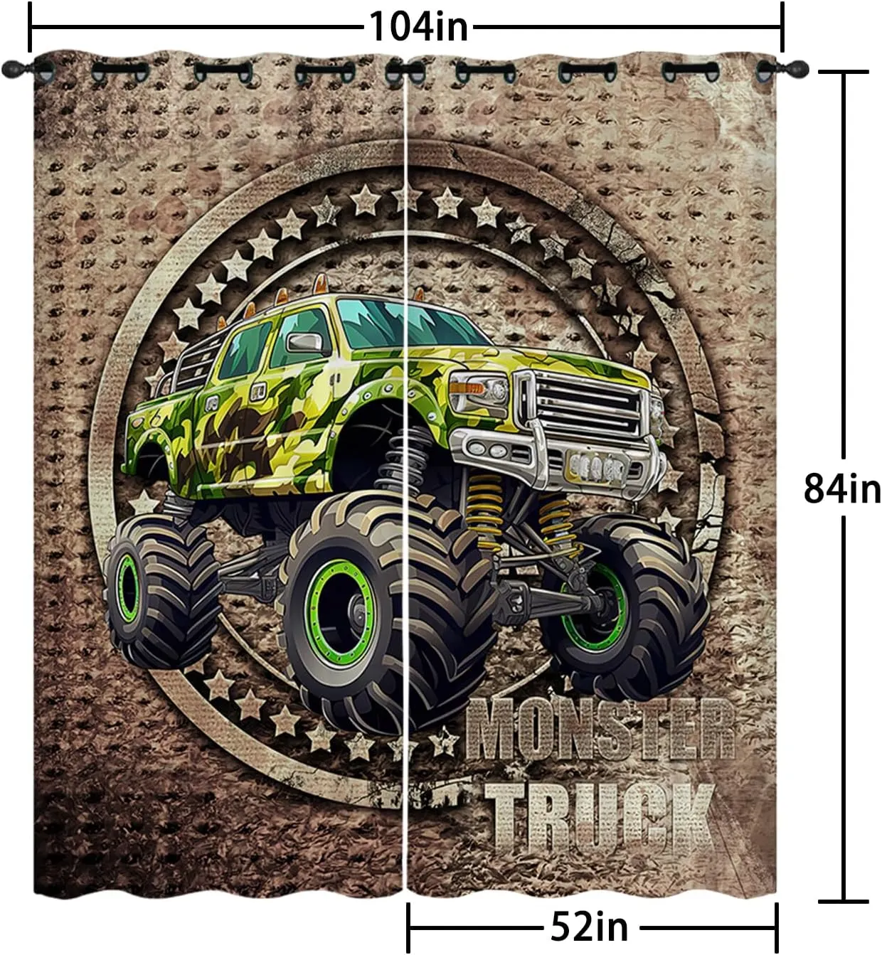 AILONEN Cartoon Monster Trucks Window Curtain for Kids,Teens,Off-Road Camo Racing Truck Print Curtain Tiers,Extreme Sports Window Treatment Drapes for Bedroom Living Room Decor, 52"W x 84"H 2 Panels
