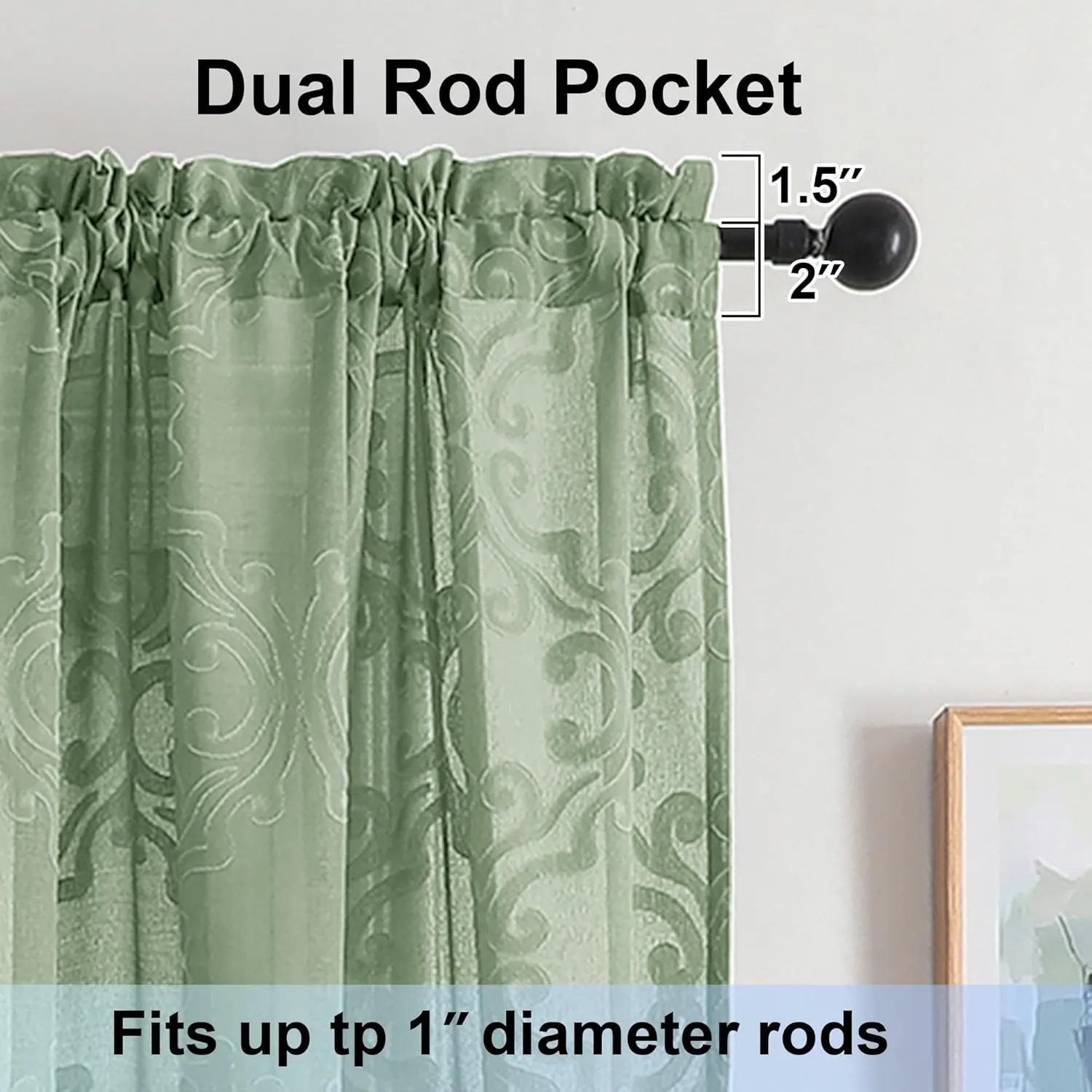 Aiyufeng Sage Green Sheer Curtains 96 Inches Long for Farmhouse 2 Panels Set, Soft Lightweight & Breathable Jacquard Sheer Drapes with Rod Pocket Design for Bedroom Living Room, 54Wx96L Inch
