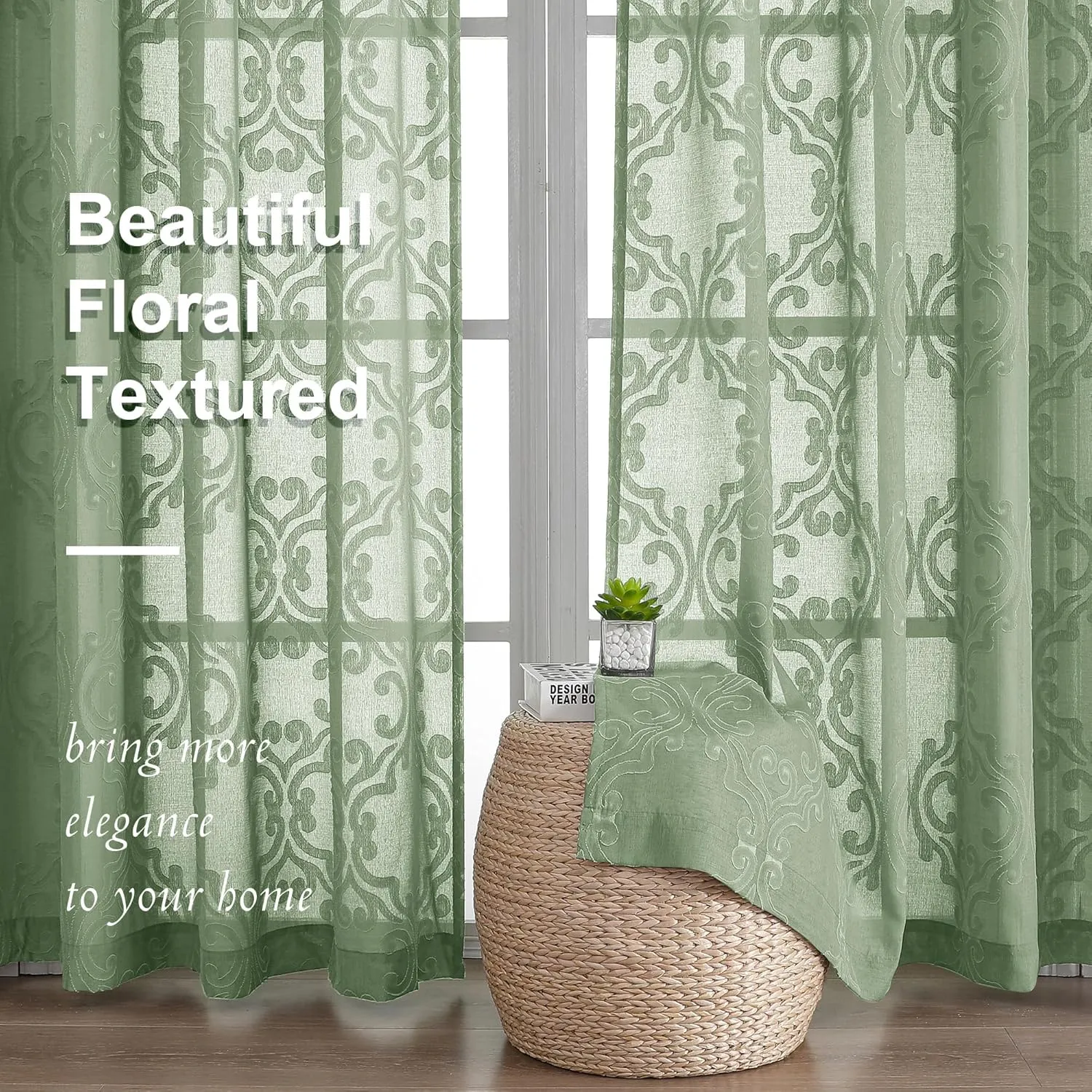 Aiyufeng Sage Green Sheer Curtains 96 Inches Long for Farmhouse 2 Panels Set, Soft Lightweight & Breathable Jacquard Sheer Drapes with Rod Pocket Design for Bedroom Living Room, 54Wx96L Inch