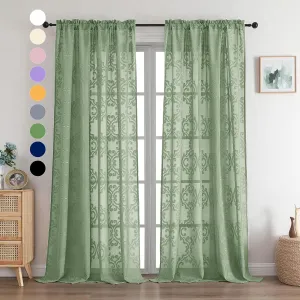 Aiyufeng Sage Green Sheer Curtains 96 Inches Long for Farmhouse 2 Panels Set, Soft Lightweight & Breathable Jacquard Sheer Drapes with Rod Pocket Design for Bedroom Living Room, 54Wx96L Inch