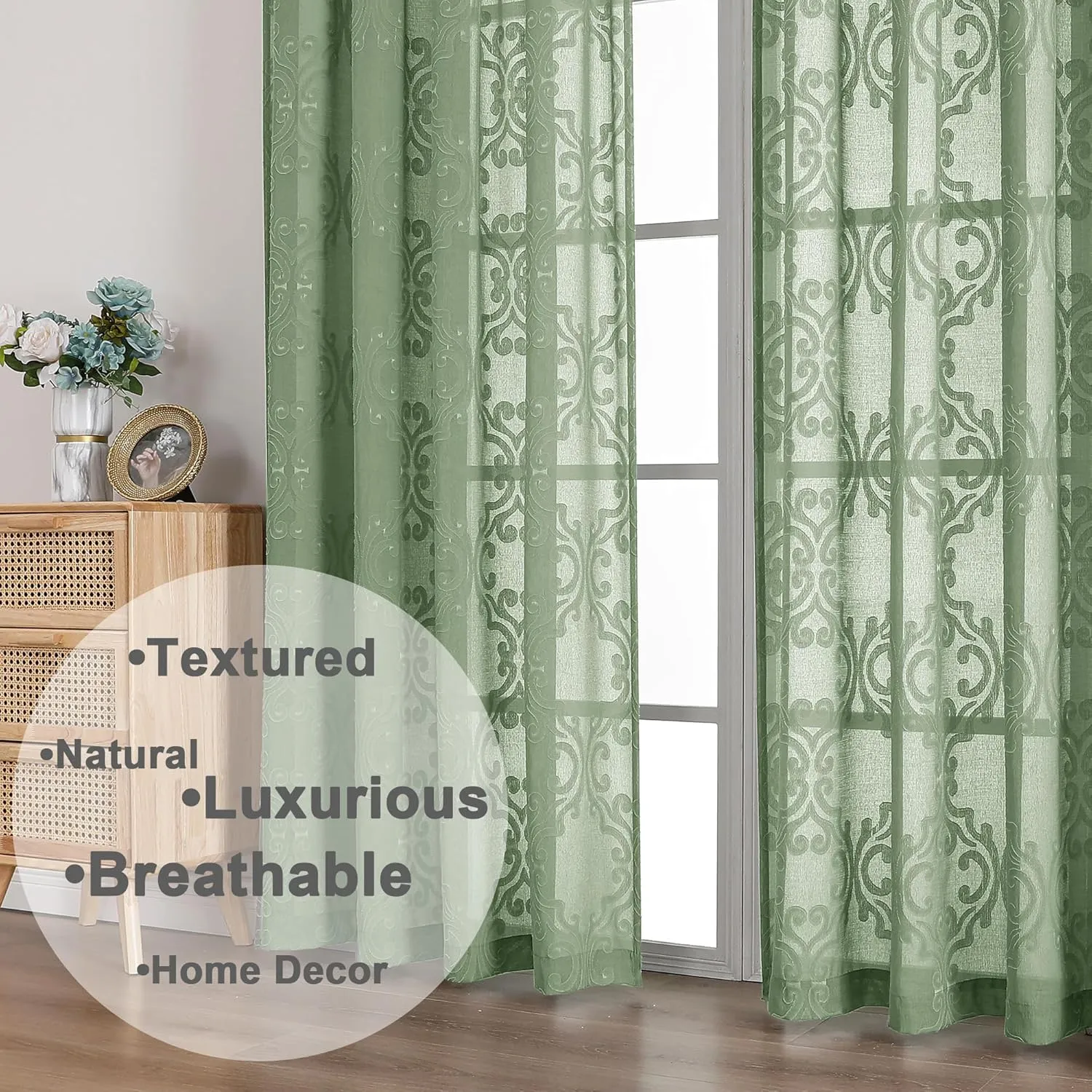 Aiyufeng Sage Green Sheer Curtains 96 Inches Long for Farmhouse 2 Panels Set, Soft Lightweight & Breathable Jacquard Sheer Drapes with Rod Pocket Design for Bedroom Living Room, 54Wx96L Inch