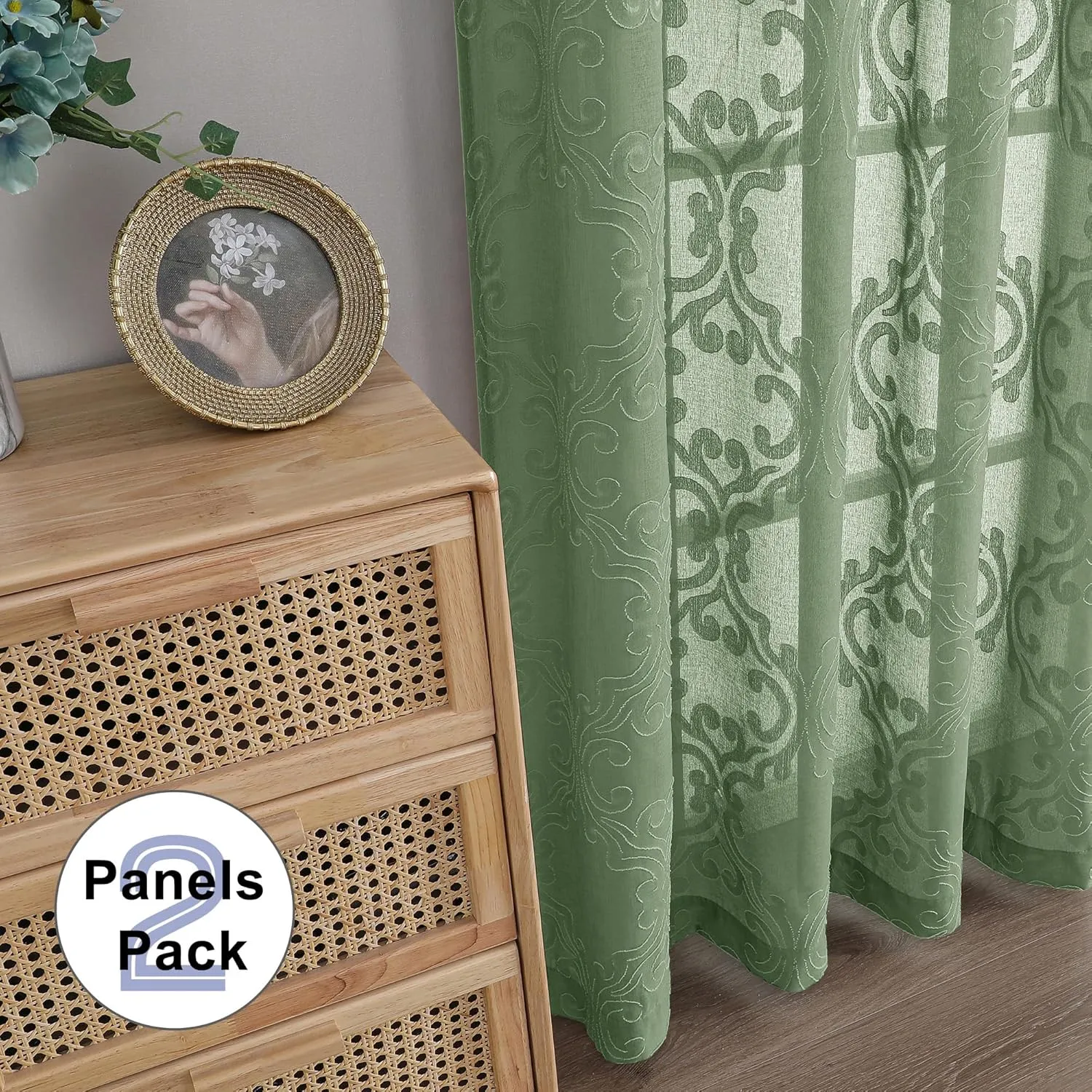 Aiyufeng Sage Green Sheer Curtains 96 Inches Long for Farmhouse 2 Panels Set, Soft Lightweight & Breathable Jacquard Sheer Drapes with Rod Pocket Design for Bedroom Living Room, 54Wx96L Inch