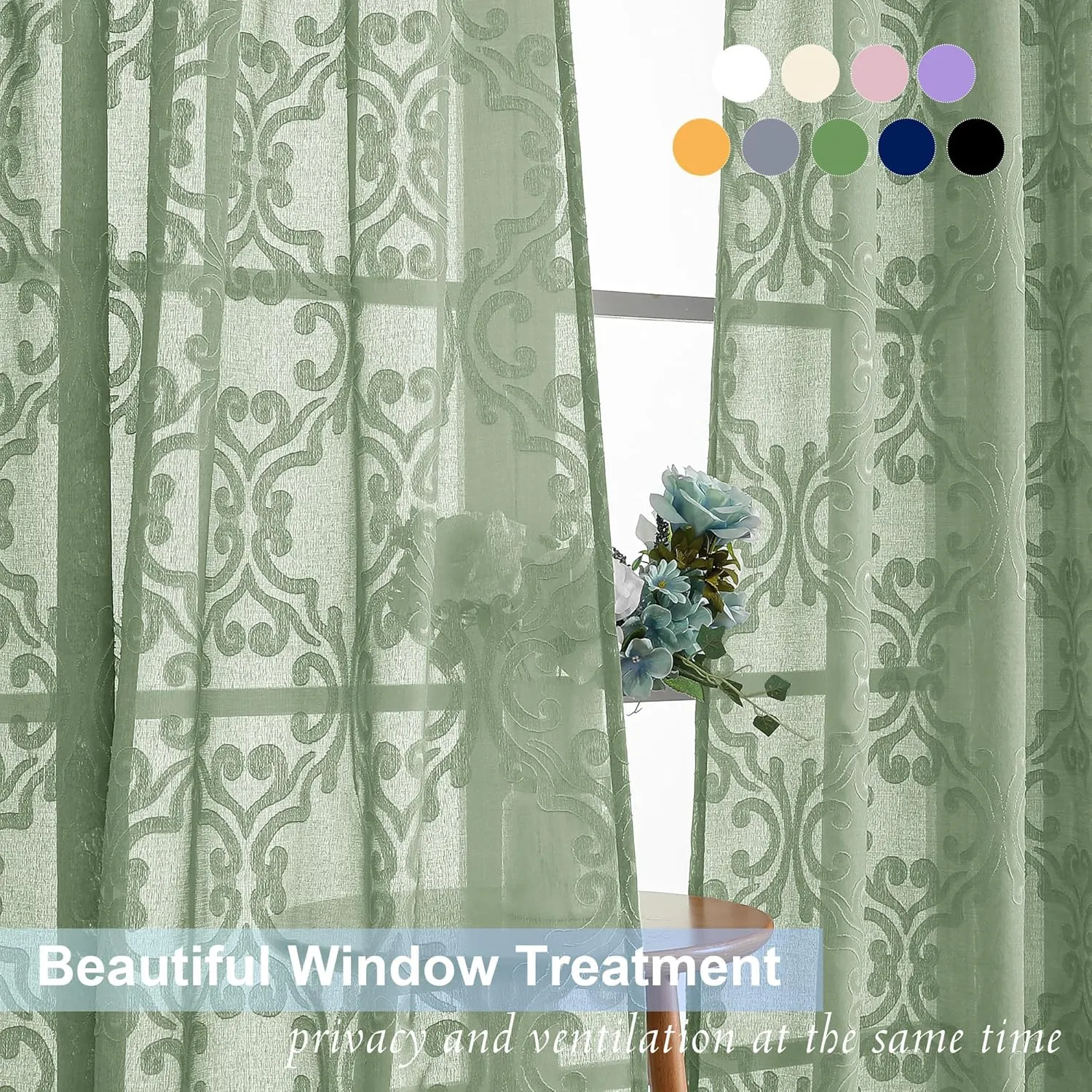 Aiyufeng Sage Green Sheer Curtains 96 Inches Long for Farmhouse 2 Panels Set, Soft Lightweight & Breathable Jacquard Sheer Drapes with Rod Pocket Design for Bedroom Living Room, 54Wx96L Inch
