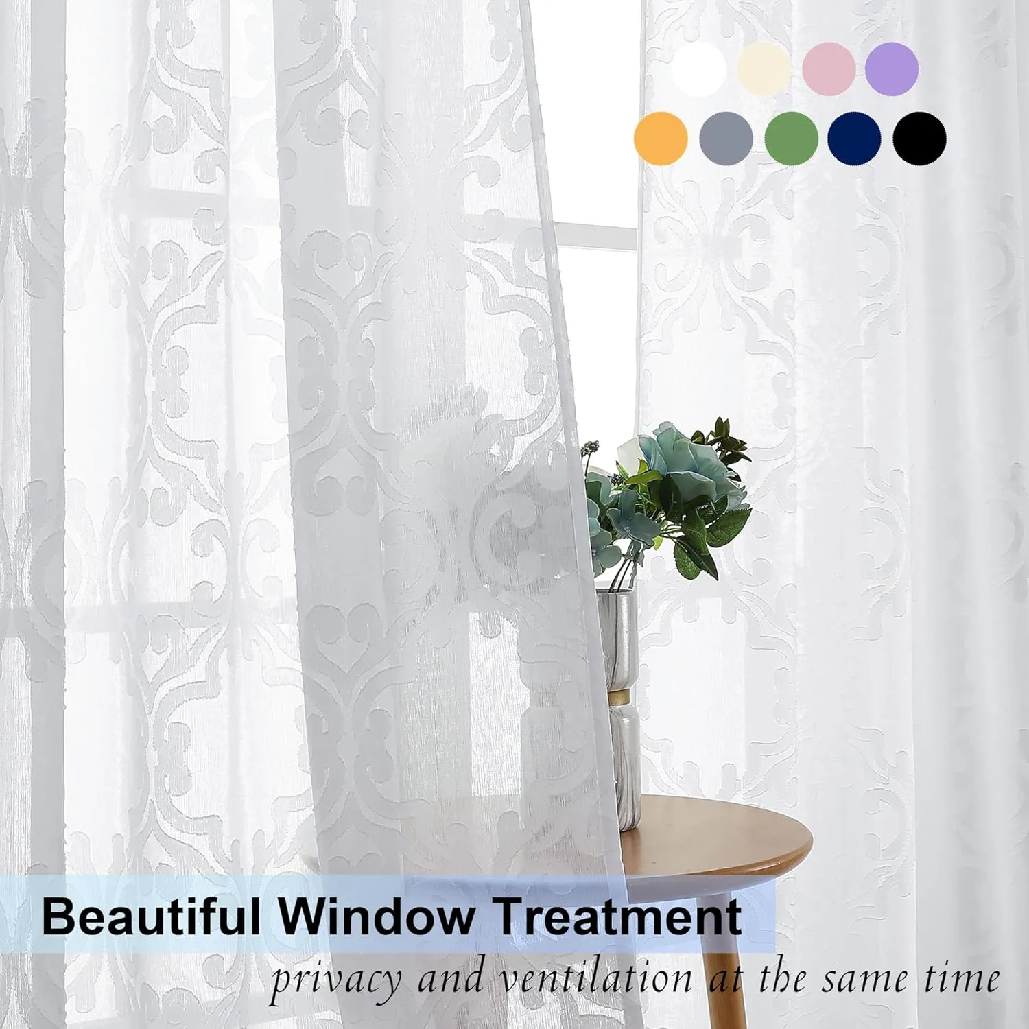 Aiyufeng Sheer Curtains 96 Inches Long for Farmhouse 2 Panels Set, Soft Lightweight & Breathable Elegant Jacquard White Semi Sheer Curtains with Rod Pocket Design for Bedroom Living Room, 54Wx96L Inch
