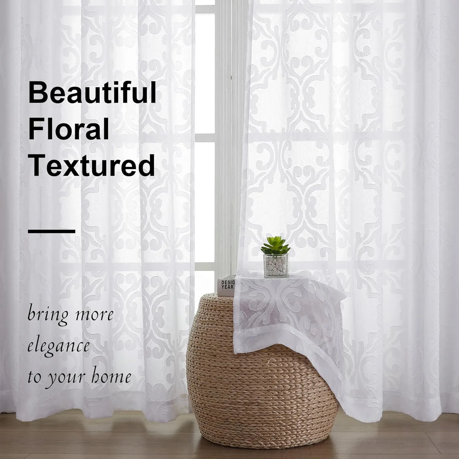 Aiyufeng Sheer Curtains 96 Inches Long for Farmhouse 2 Panels Set, Soft Lightweight & Breathable Elegant Jacquard White Semi Sheer Curtains with Rod Pocket Design for Bedroom Living Room, 54Wx96L Inch