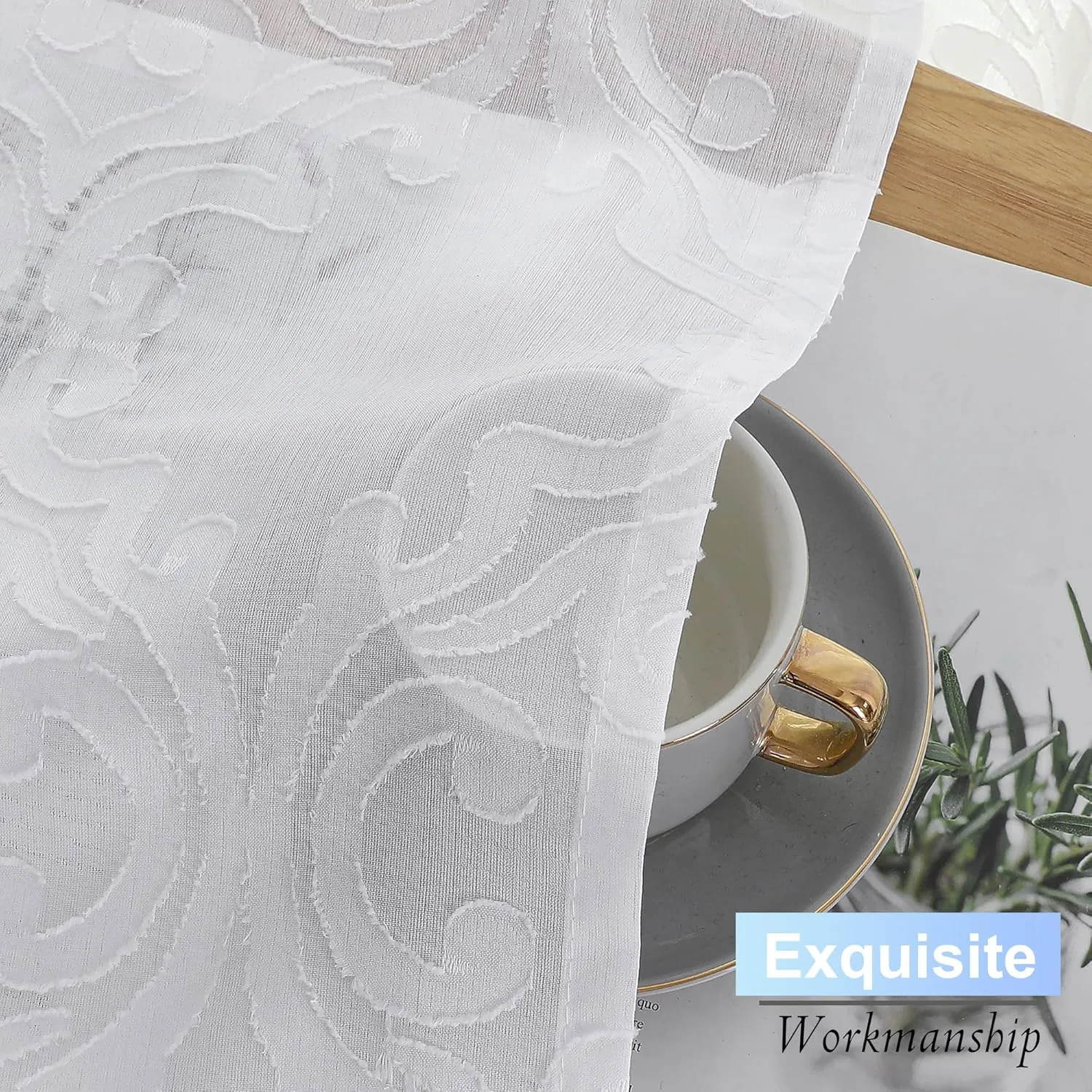 Aiyufeng Sheer Curtains 96 Inches Long for Farmhouse 2 Panels Set, Soft Lightweight & Breathable Elegant Jacquard White Semi Sheer Curtains with Rod Pocket Design for Bedroom Living Room, 54Wx96L Inch