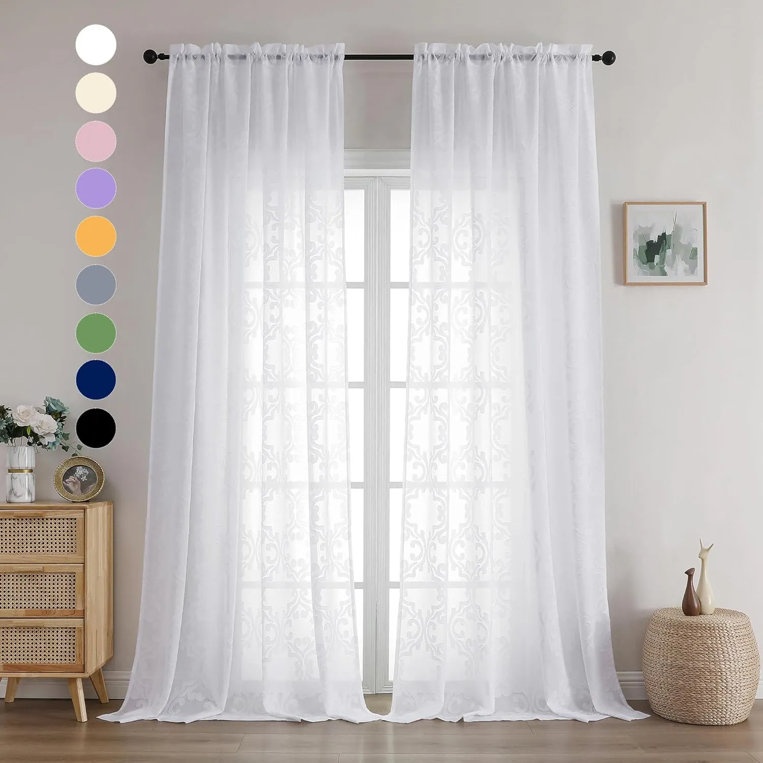 Aiyufeng Sheer Curtains 96 Inches Long for Farmhouse 2 Panels Set, Soft Lightweight & Breathable Elegant Jacquard White Semi Sheer Curtains with Rod Pocket Design for Bedroom Living Room, 54Wx96L Inch